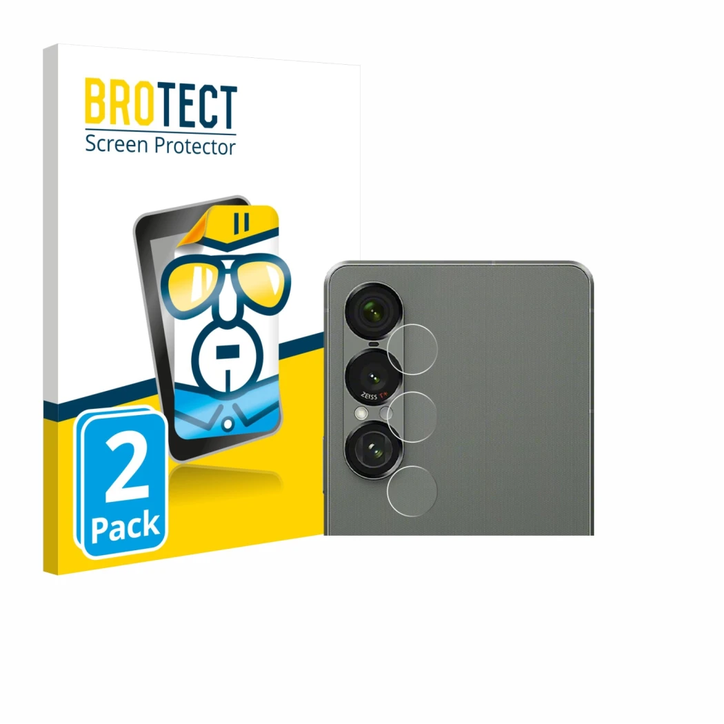 Parte frontal de un envase de producto con el logotipo de la marca BROTECT. Al lado se muestra el dispositivo Sony Xperia 1 VI