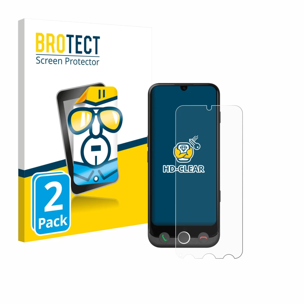 Parte frontal de un envase de producto con el logotipo de la marca BROTECT. Al lado se muestra el dispositivo Doro Aurora A30