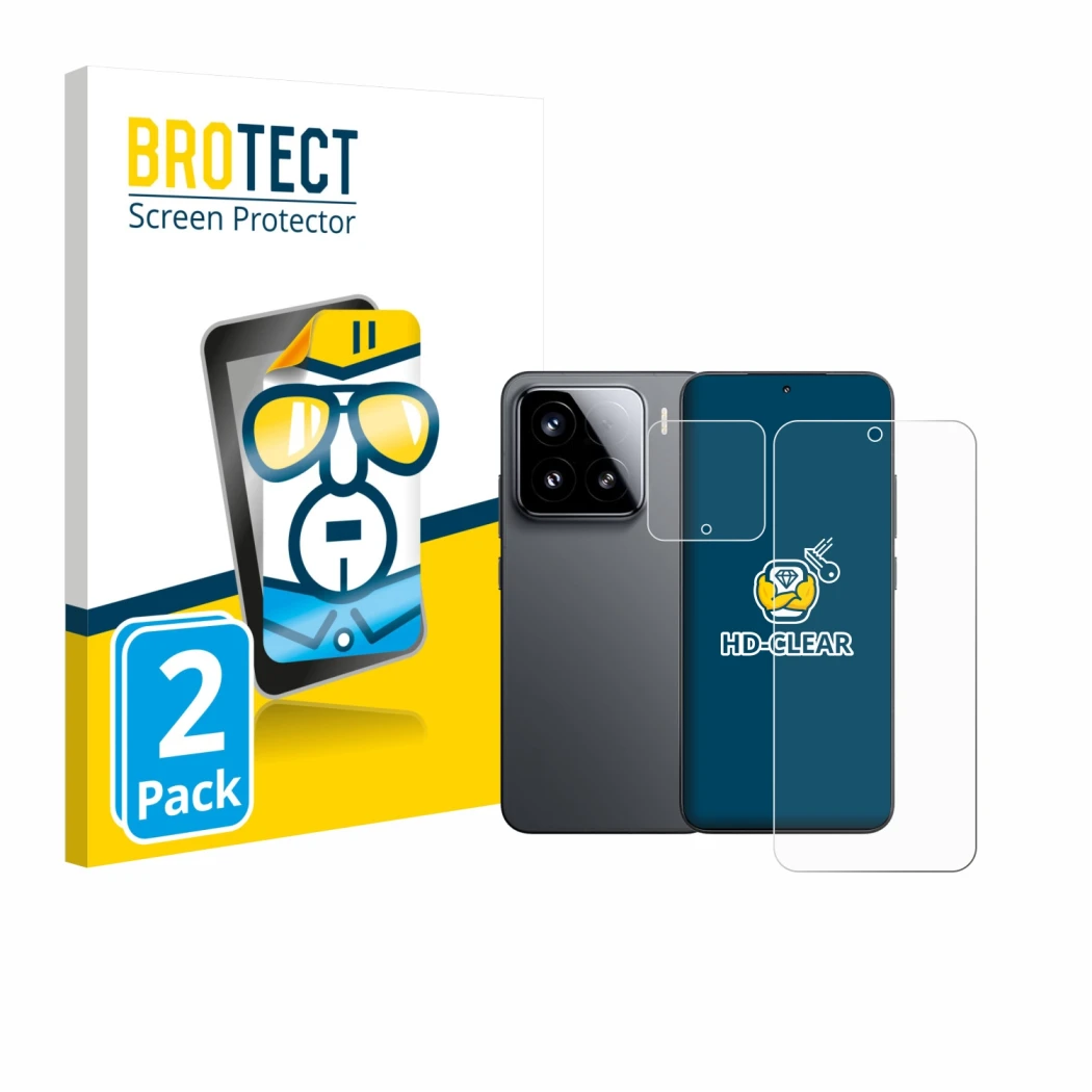 Parte frontal de un envase de producto con el logotipo de la marca BROTECT. Al lado se muestra el dispositivo Xiaomi 15 (Front