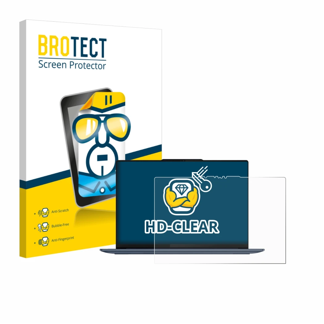 Parte frontal de un envase de producto con el logotipo de la marca BROTECT. Al lado se muestra el dispositivo Lenovo Yoga Slim