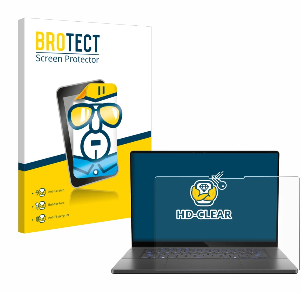 Parte frontal de un envase de producto con el logotipo de la marca BROTECT. Al lado se muestra el dispositivo ASUS ROG Zephyru