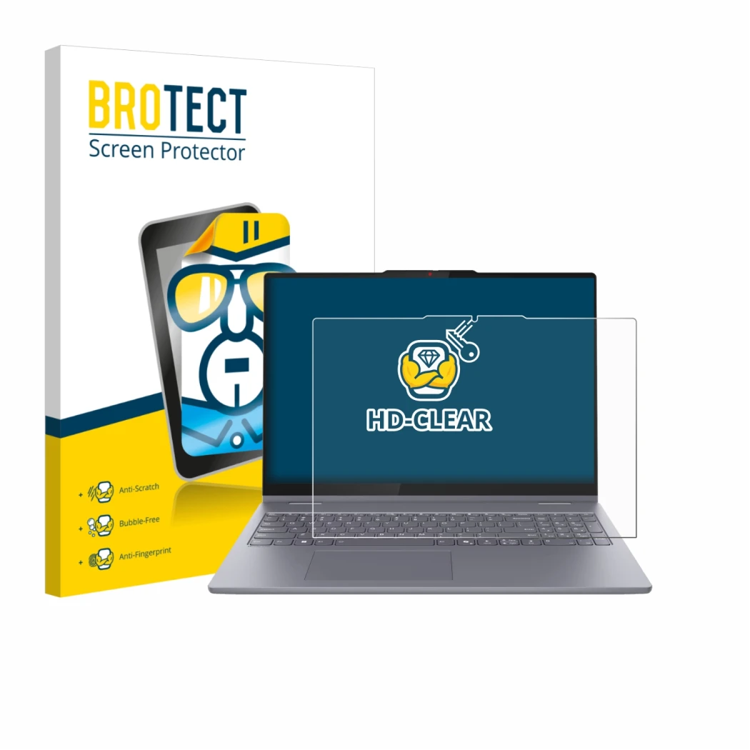 Parte frontal de un envase de producto con el logotipo de la marca BROTECT. Al lado se muestra el dispositivo Lenovo IdeaPad 5