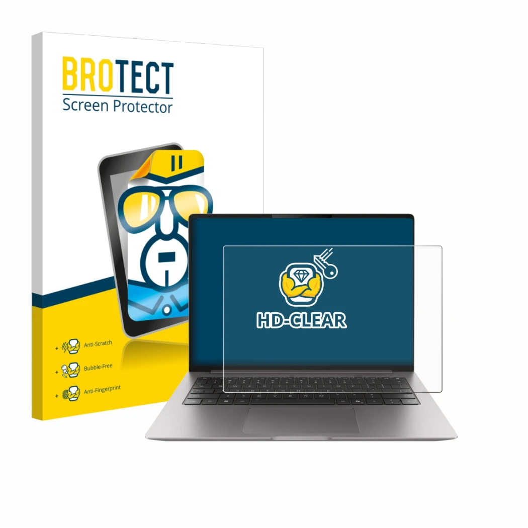 Parte frontal de un envase de producto con el logotipo de la marca BROTECT. Al lado se muestra el dispositivo Honor MagicBook 