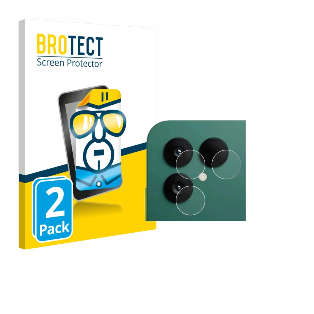 Parte frontal de un envase de producto con el logotipo de la marca BROTECT. Al lado se muestra el dispositivo Fairphone 6 (SÓL