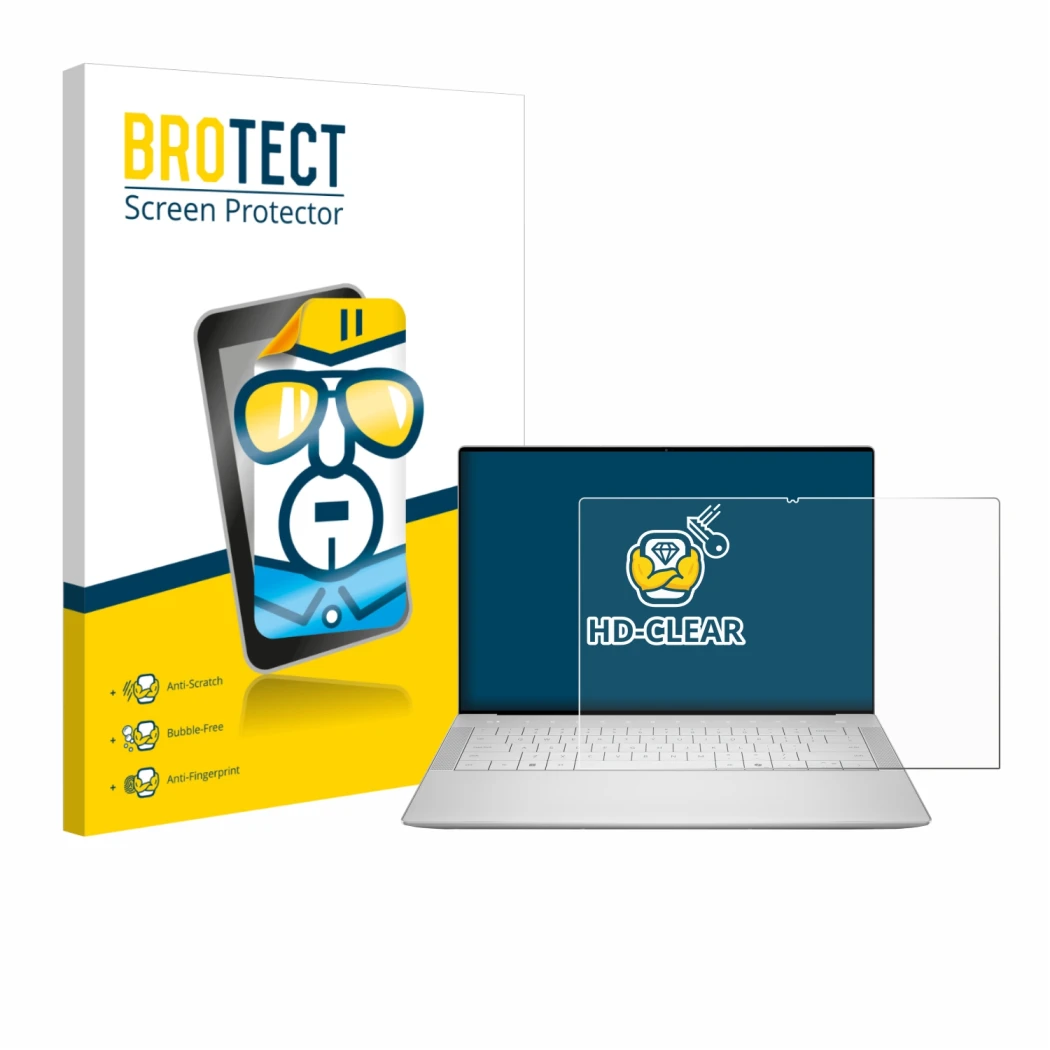 Parte frontal de un envase de producto con el logotipo de la marca BROTECT. Al lado se muestra el dispositivo Dell 14 Premium