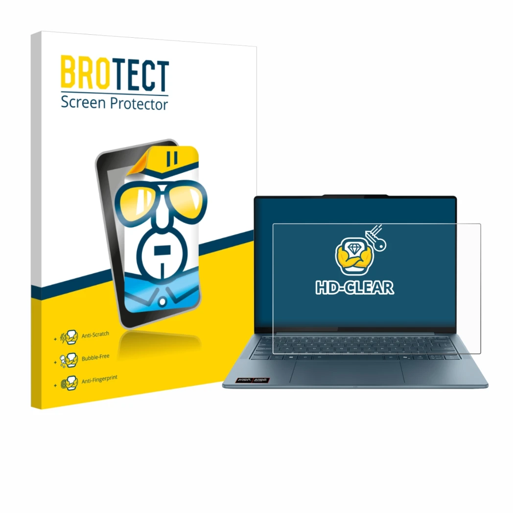 Parte frontal de un envase de producto con el logotipo de la marca BROTECT. Al lado se muestra el dispositivo Lenovo Yoga Slim