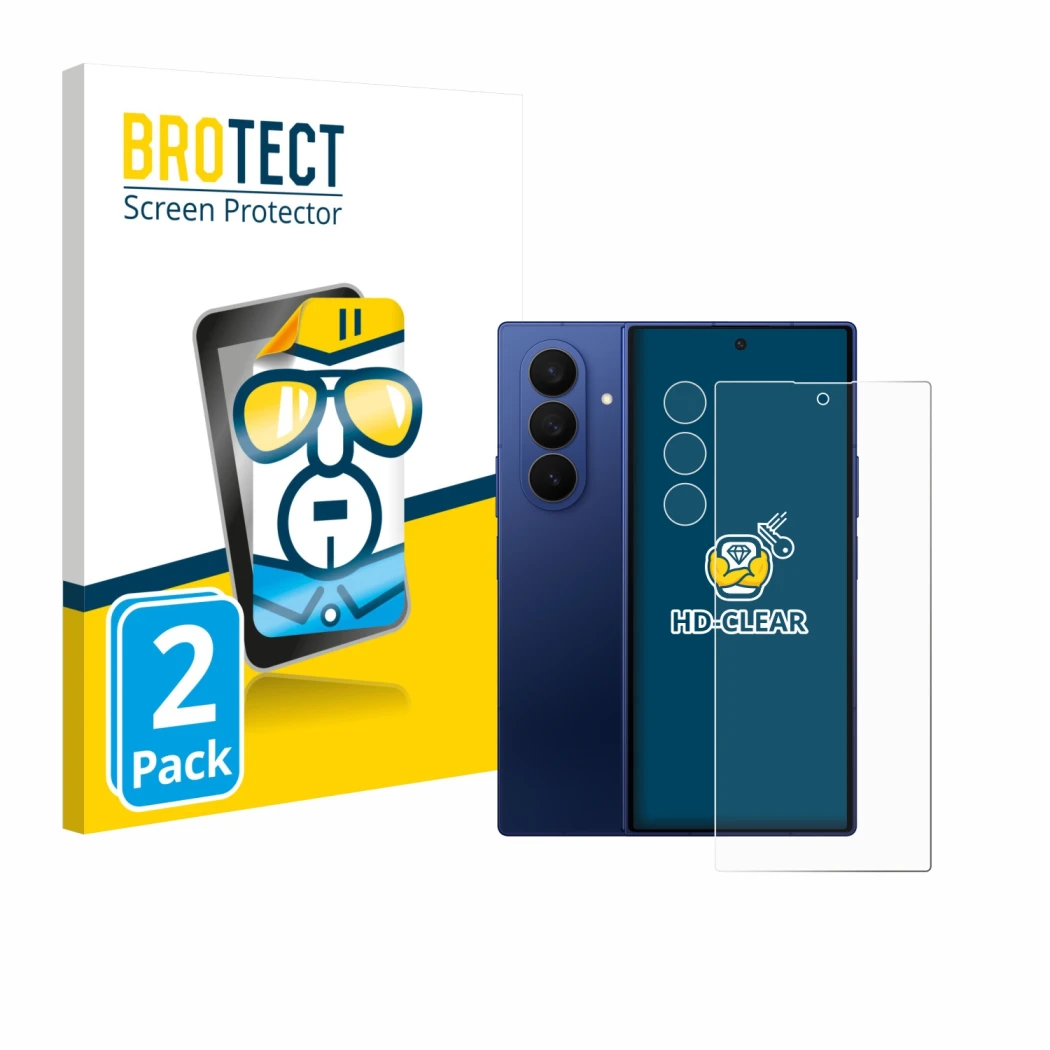 Parte frontal de un envase de producto con el logotipo de la marca BROTECT. Al lado se muestra el dispositivo Samsung Galaxy Z