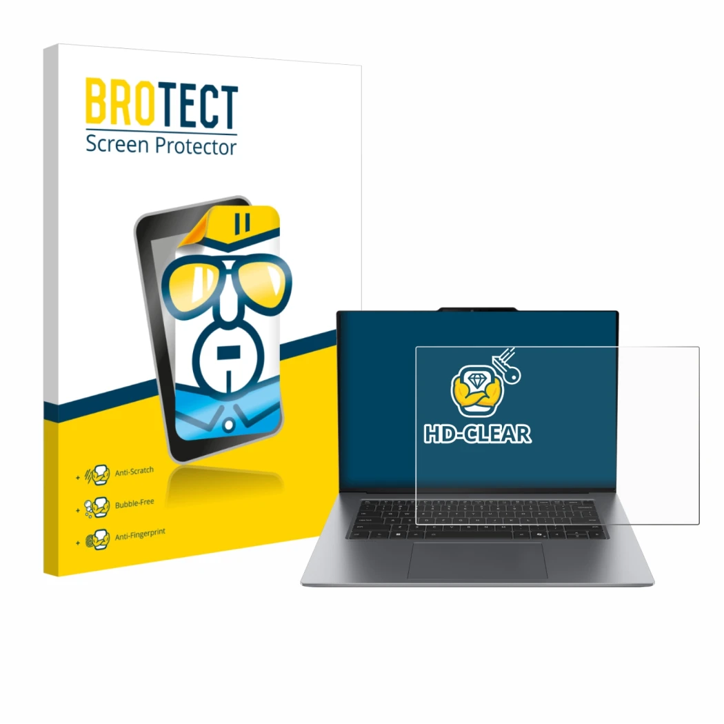 Parte frontal de un envase de producto con el logotipo de la marca BROTECT. Al lado se muestra el dispositivo Lenovo ThinkPad 