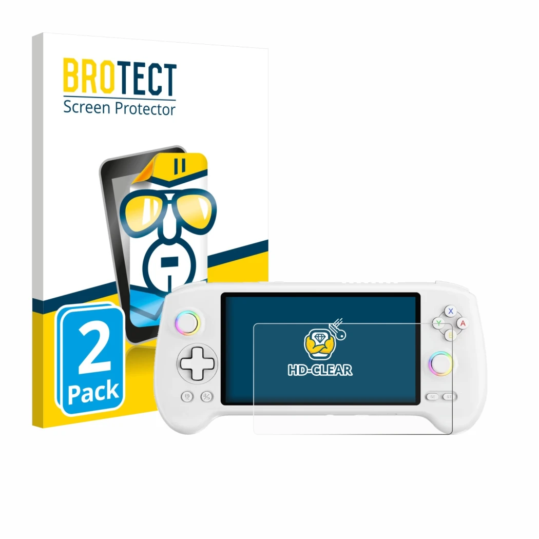 Parte frontal de un envase de producto con el logotipo de la marca BROTECT. Al lado se muestra el dispositivo Anbernic RG557 c