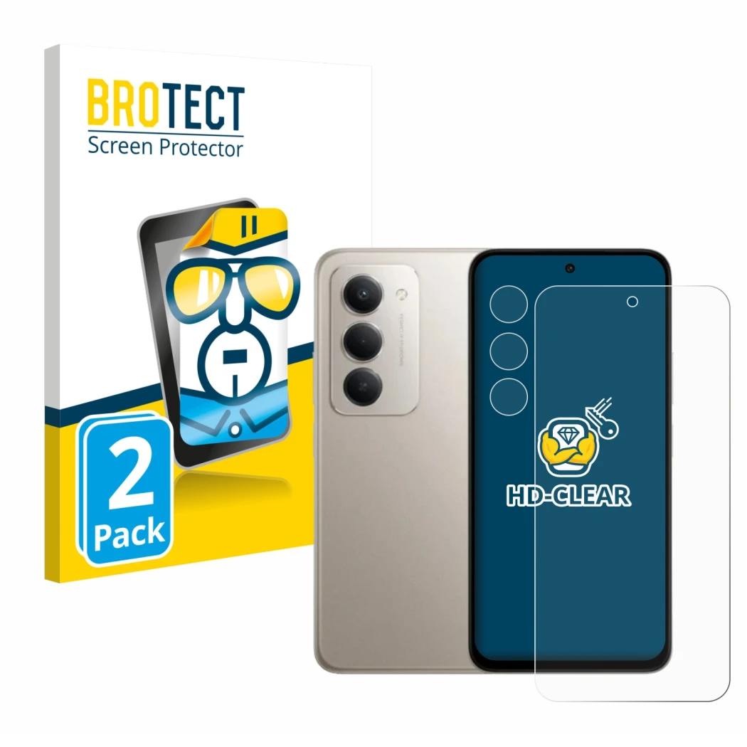 Parte frontal de un envase de producto con el logotipo de la marca BROTECT. Al lado se muestra el dispositivo Xiaomi Redmi 15