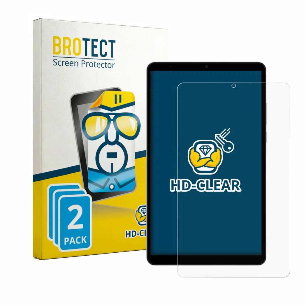 Parte frontal de un envase de producto con el logotipo de la marca BROTECT. Al lado se muestra el dispositivo Honor Pad X7 con