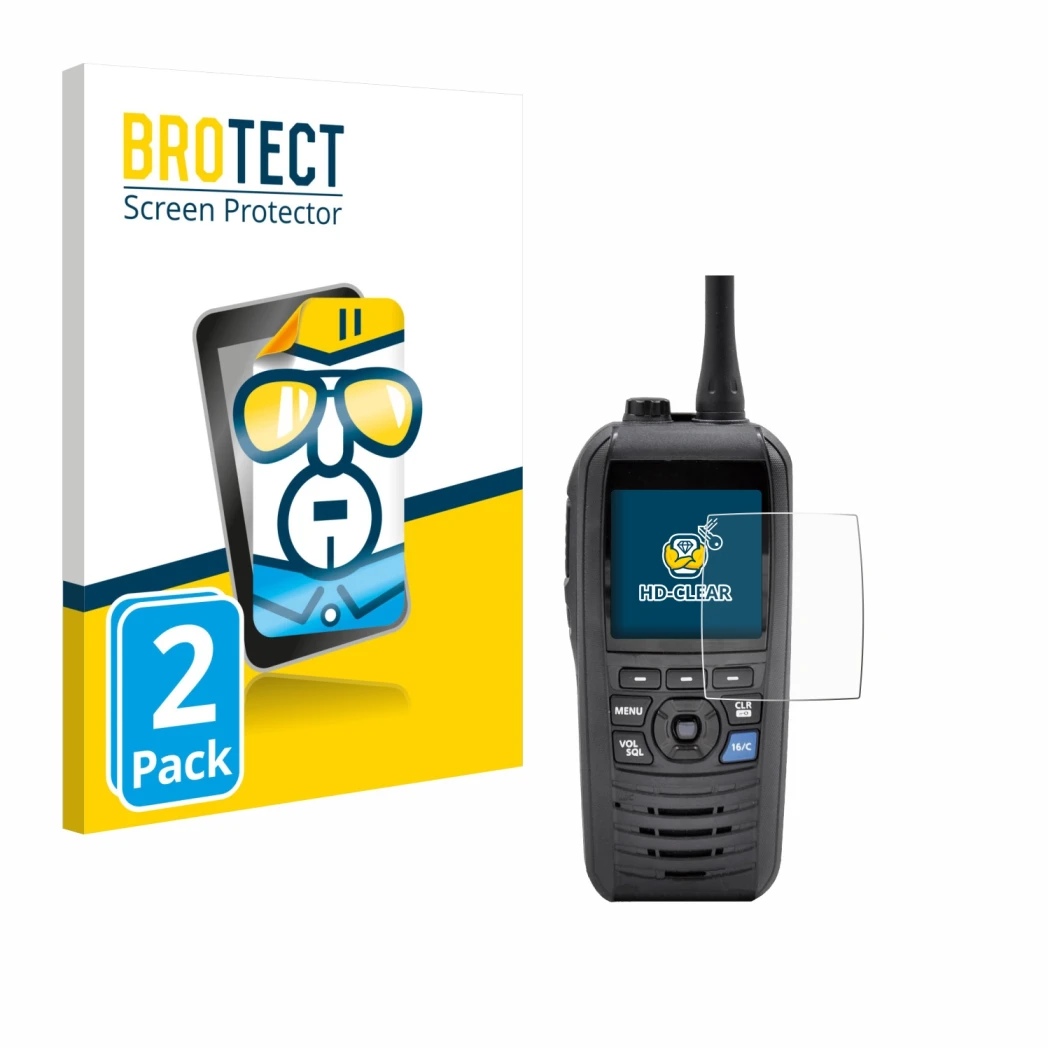 Parte frontal de un envase de producto con el logotipo de la marca BROTECT. Al lado se muestra el dispositivo Icom IC-M94D con