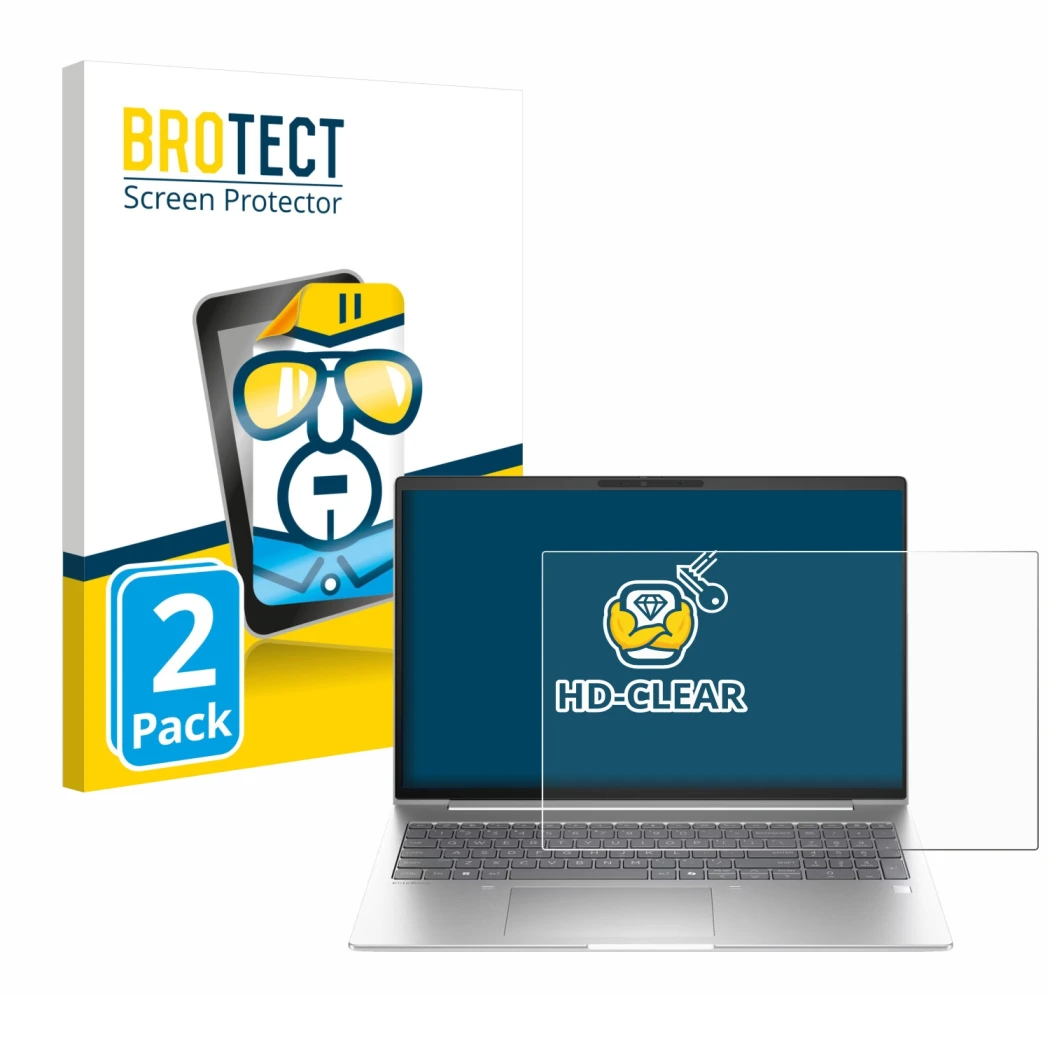 Parte frontal de un envase de producto con el logotipo de la marca BROTECT. Al lado se muestra el dispositivo HP EliteBook 6 G