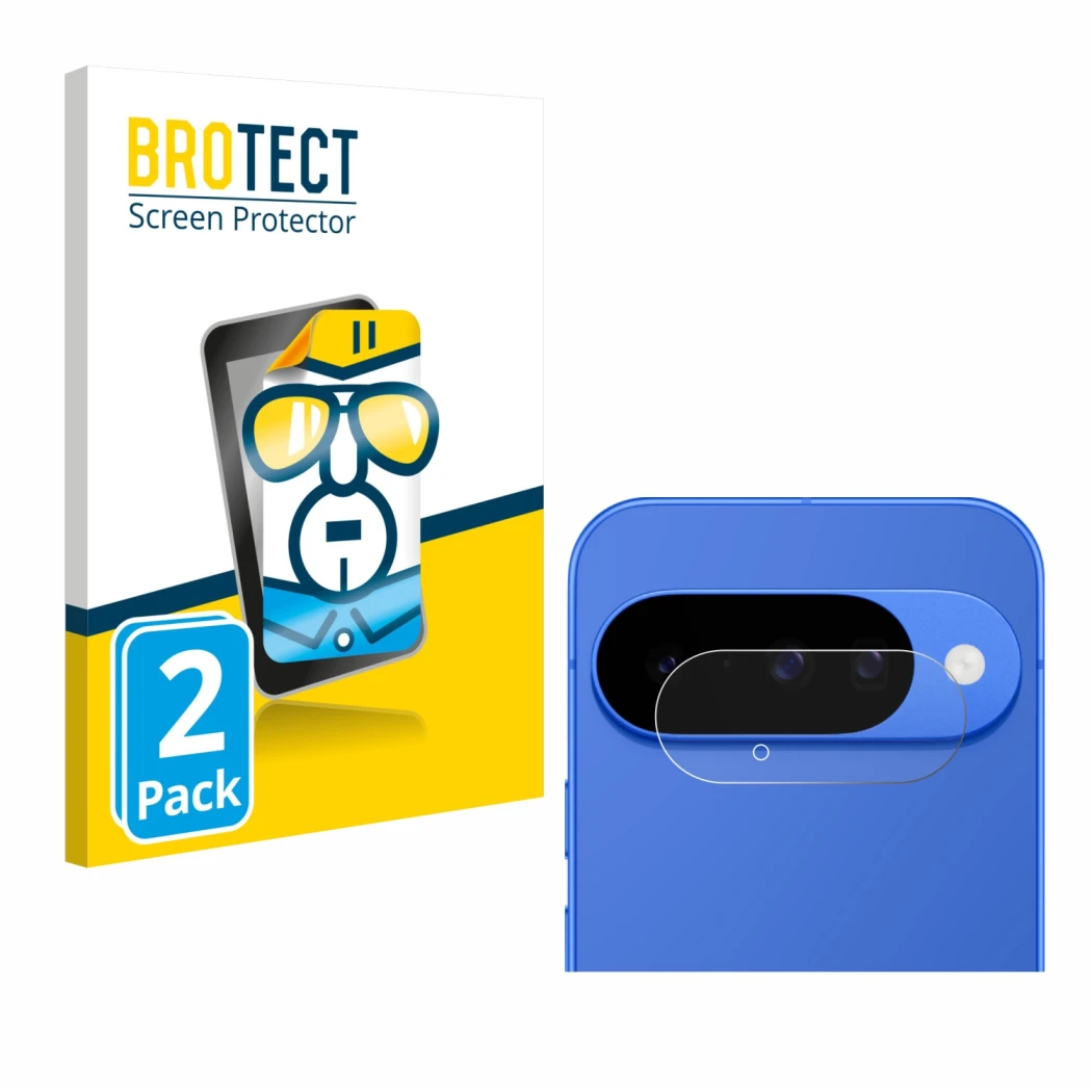 Parte frontal de un envase de producto con el logotipo de la marca BROTECT. Al lado se muestra el dispositivo Google Pixel 10 