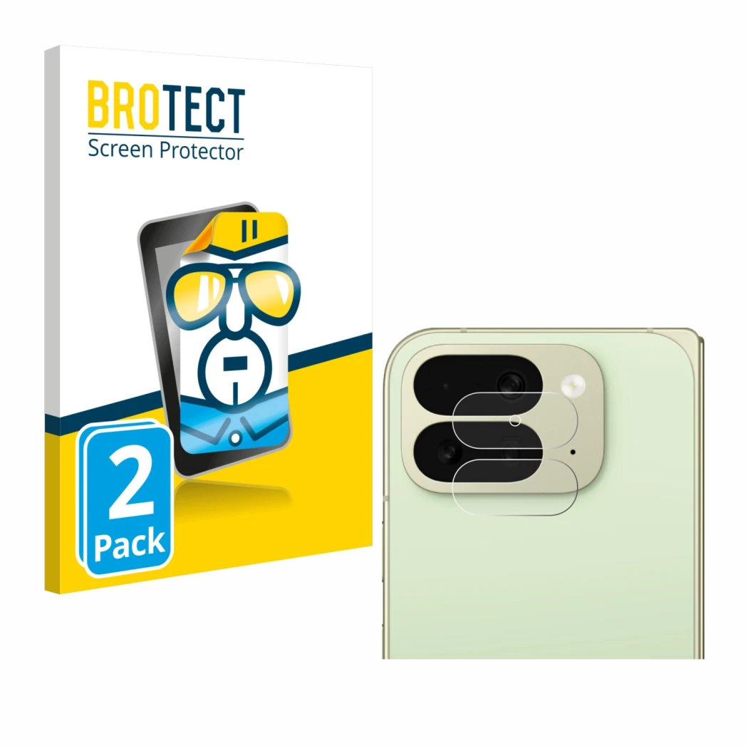 Parte frontal de un envase de producto con el logotipo de la marca BROTECT. Al lado se muestra el dispositivo Google Pixel 10