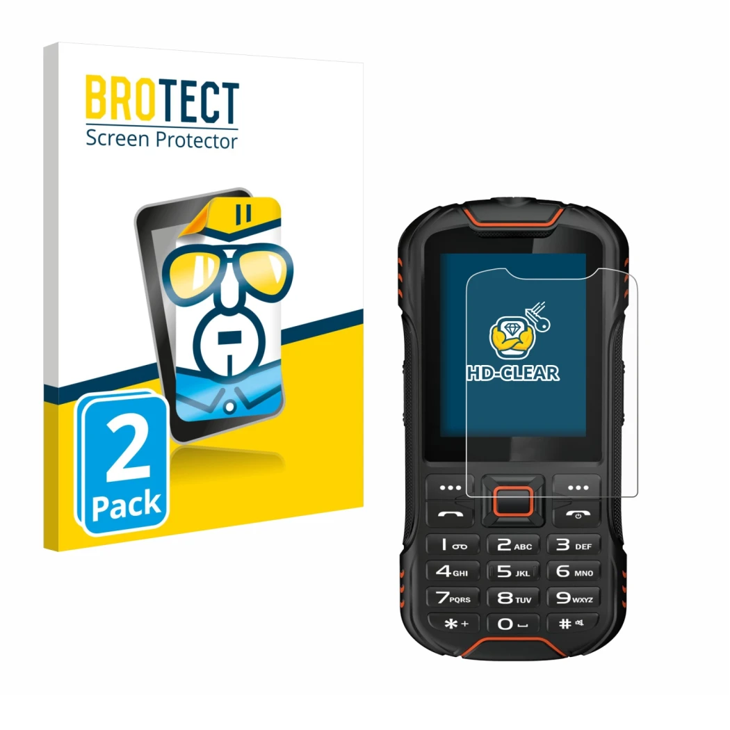 Parte frontal de un envase de producto con el logotipo de la marca BROTECT. Al lado se muestra el dispositivo Gigaset GLX8 con