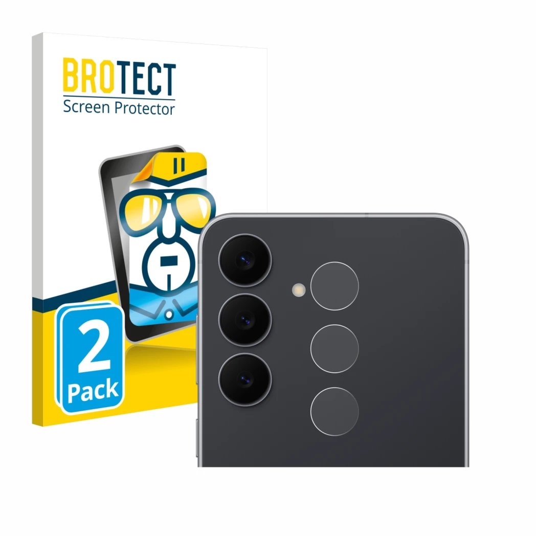 Parte frontal de un envase de producto con el logotipo de la marca BROTECT. Al lado se muestra el dispositivo Samsung Galaxy S