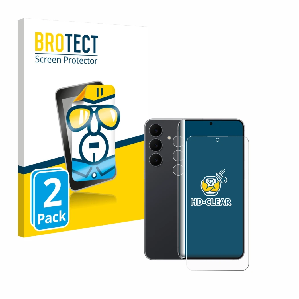 Parte frontal de un envase de producto con el logotipo de la marca BROTECT. Al lado se muestra el dispositivo Samsung Galaxy S