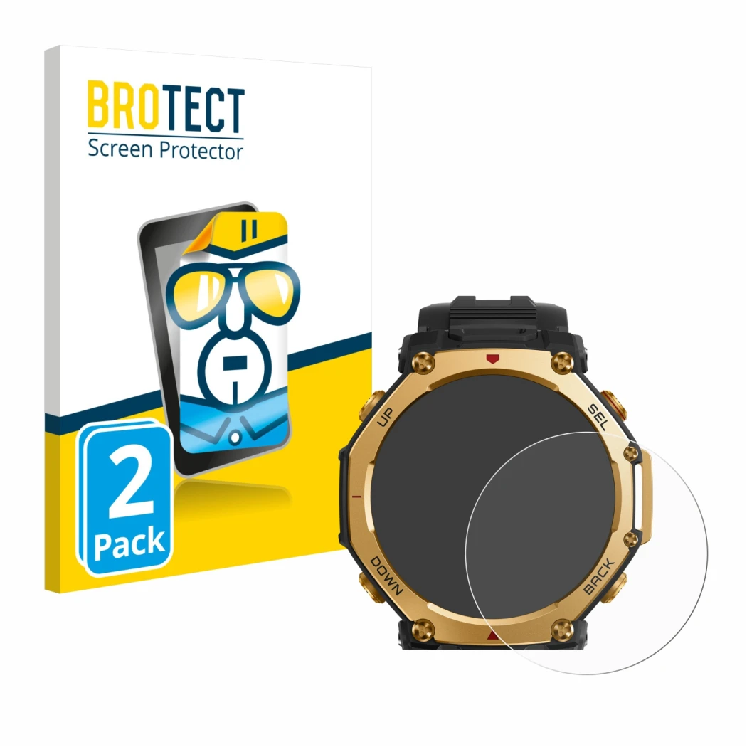 Parte frontal de un envase de producto con el logotipo de la marca BROTECT. Al lado se muestra el dispositivo Huami Amazfit T-