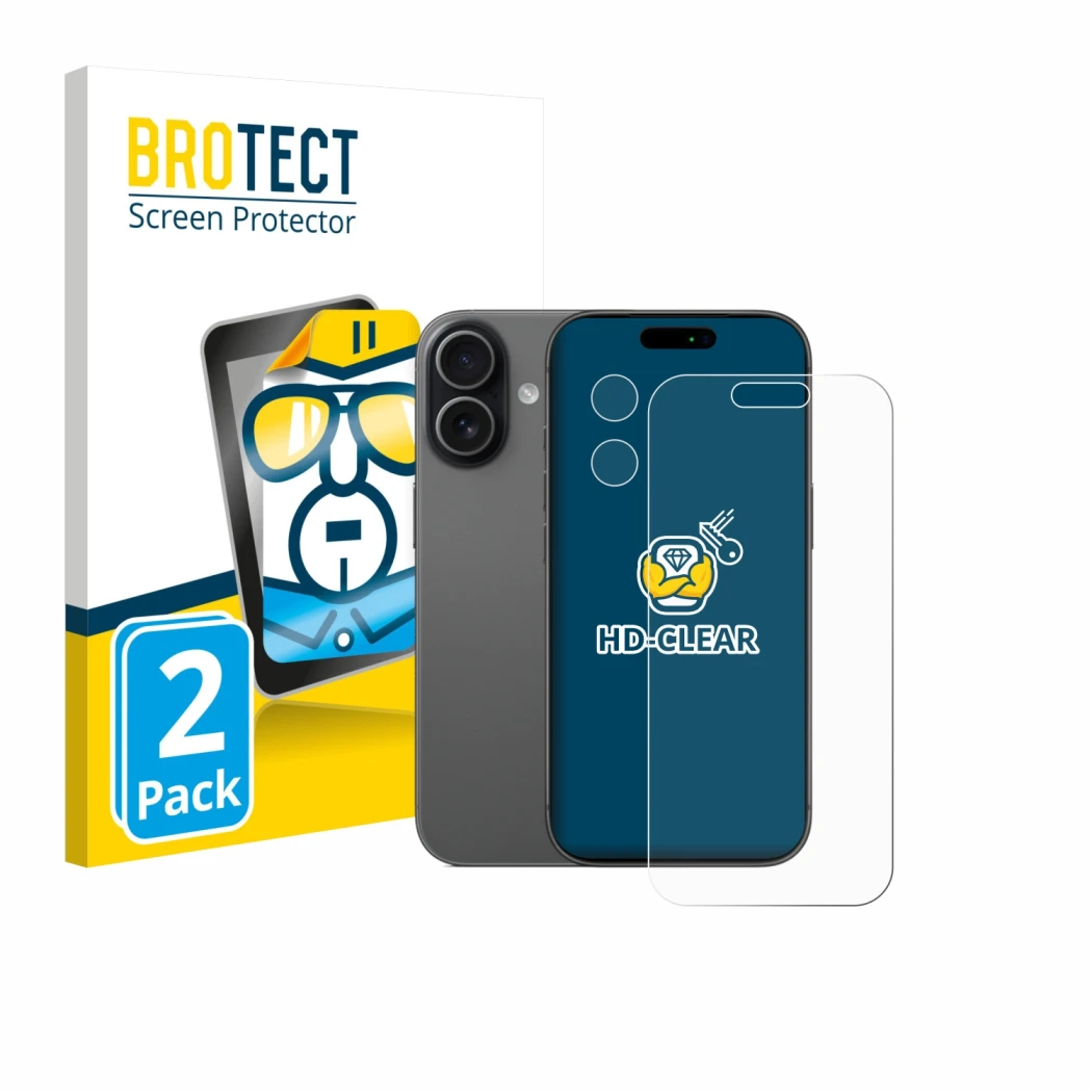 Parte frontal de un envase de producto con el logotipo de la marca BROTECT. Al lado se muestra el dispositivo Apple iPhone 17