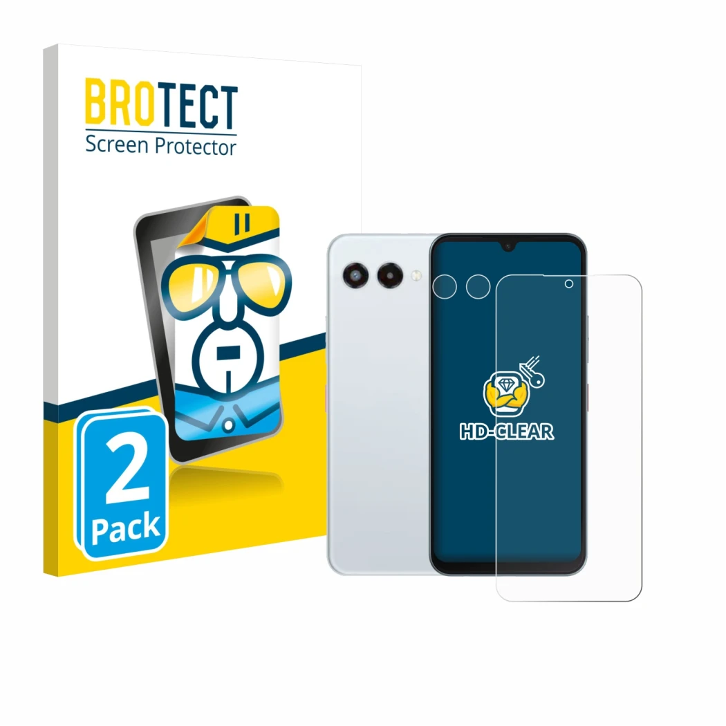 Parte frontal de un envase de producto con el logotipo de la marca BROTECT. Al lado se muestra el dispositivo Telekom T Phone 