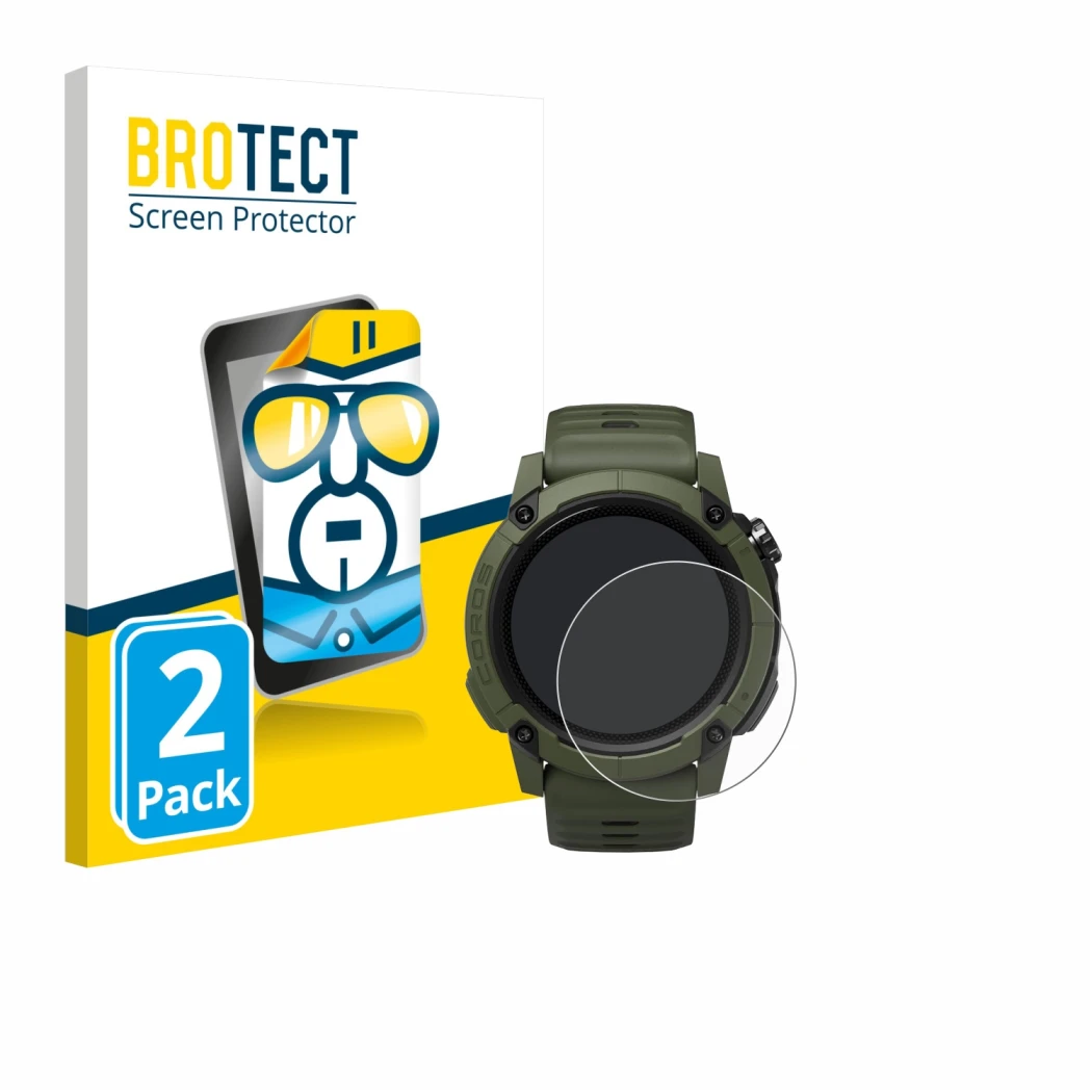 Parte frontal de un envase de producto con el logotipo de la marca BROTECT. Al lado se muestra el dispositivo Coros NOMAD con 