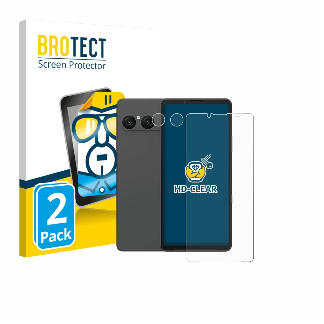 Parte frontal de un envase de producto con el logotipo de la marca BROTECT. Al lado se muestra el dispositivo Sony Xperia 10 V