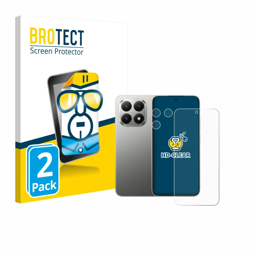 Parte frontal de un envase de producto con el logotipo de la marca BROTECT. Al lado se muestra el dispositivo Xiaomi 15T (Fron