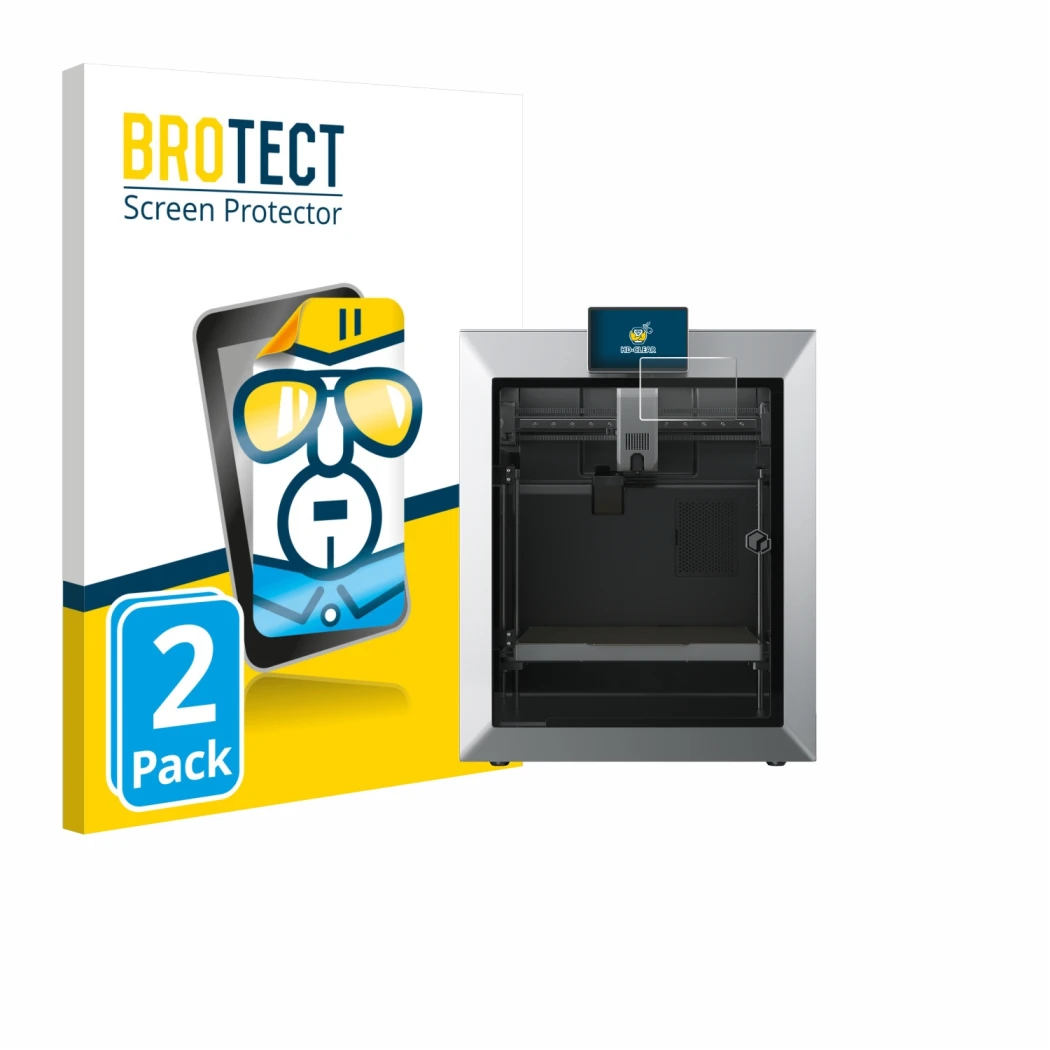 Parte frontal de un envase de producto con el logotipo de la marca BROTECT. Al lado se muestra el dispositivo Qidi Tech Q2 con