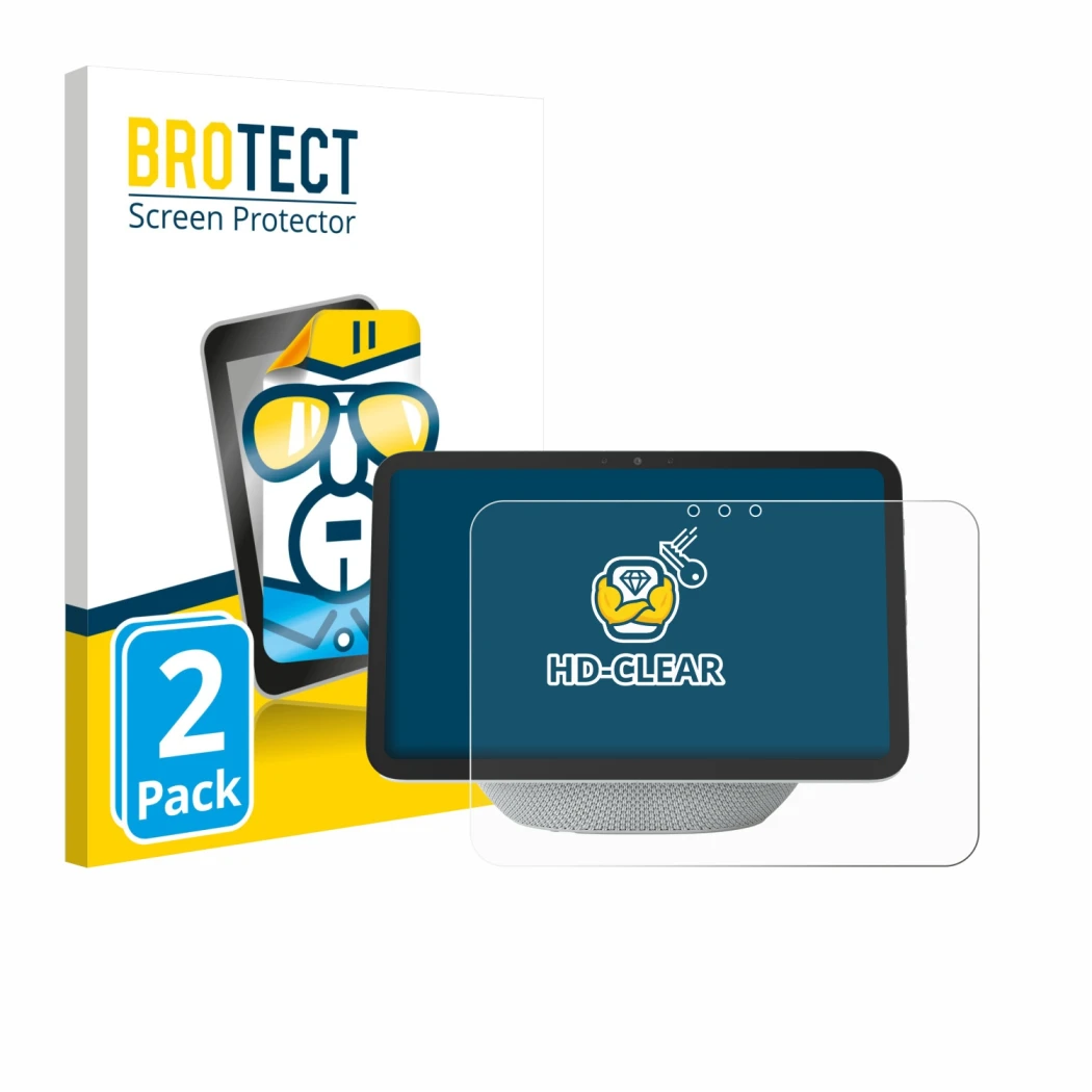 Parte frontal de un envase de producto con el logotipo de la marca BROTECT. Al lado se muestra el dispositivo Amazon Echo Show