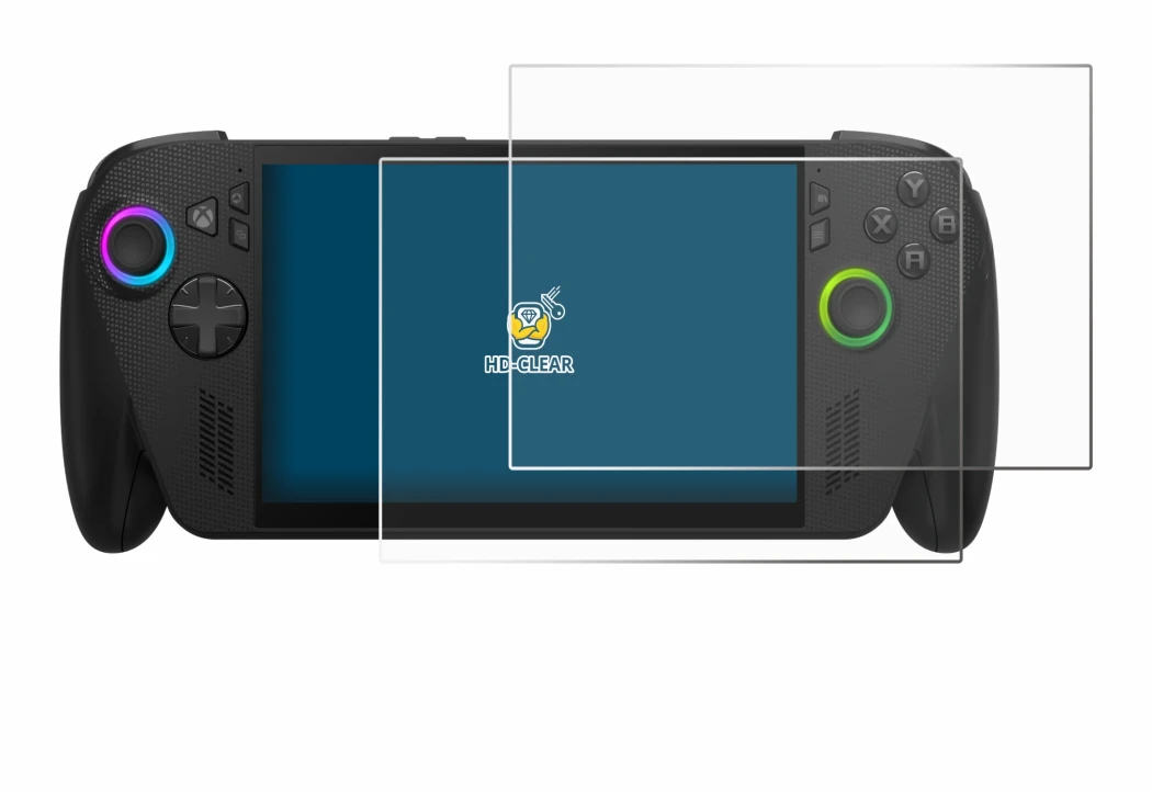 Imagen del dispositivo ASUS ROG Ally X 2025 con una amplia variedad de protectores de pantalla.