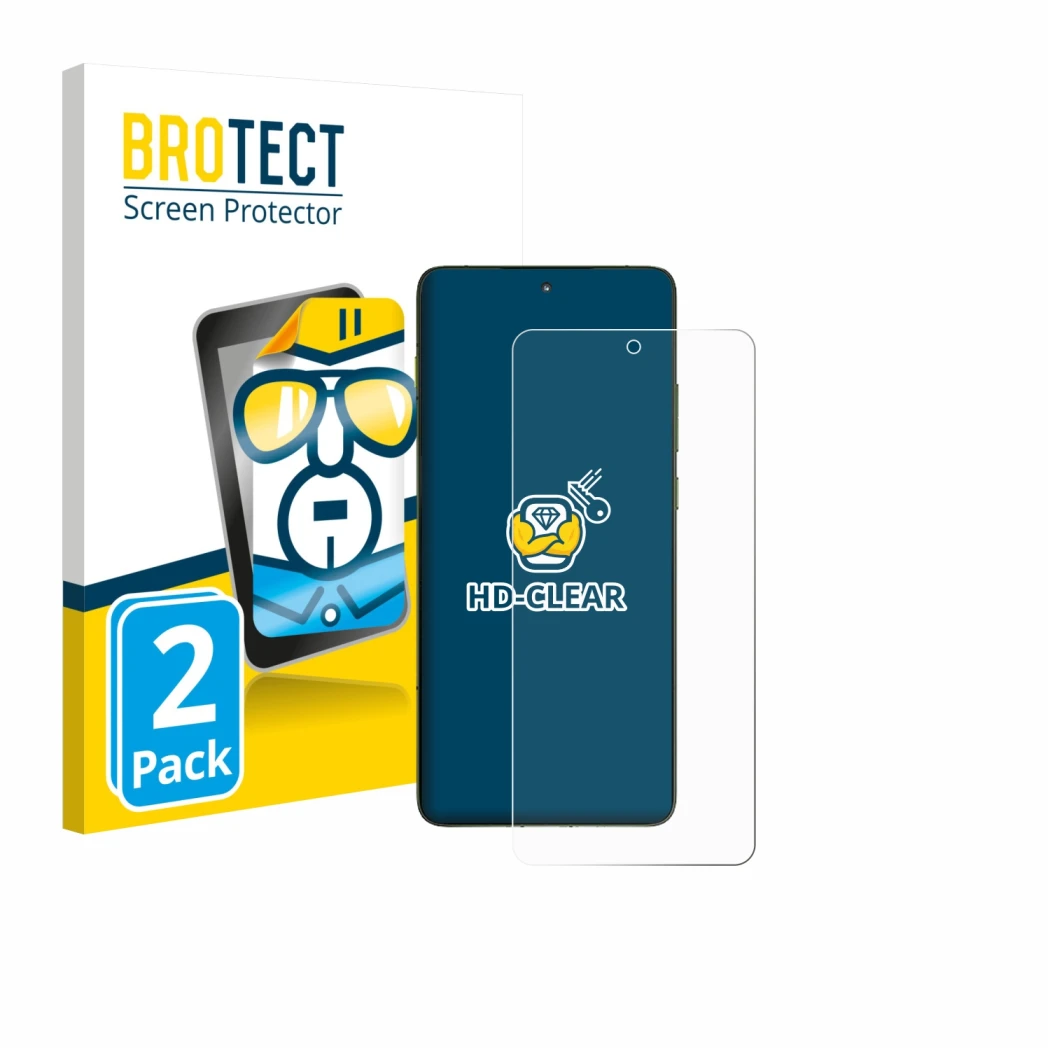 Parte frontal de un envase de producto con el logotipo de la marca BROTECT. Al lado se muestra el dispositivo Motorola Edge 70