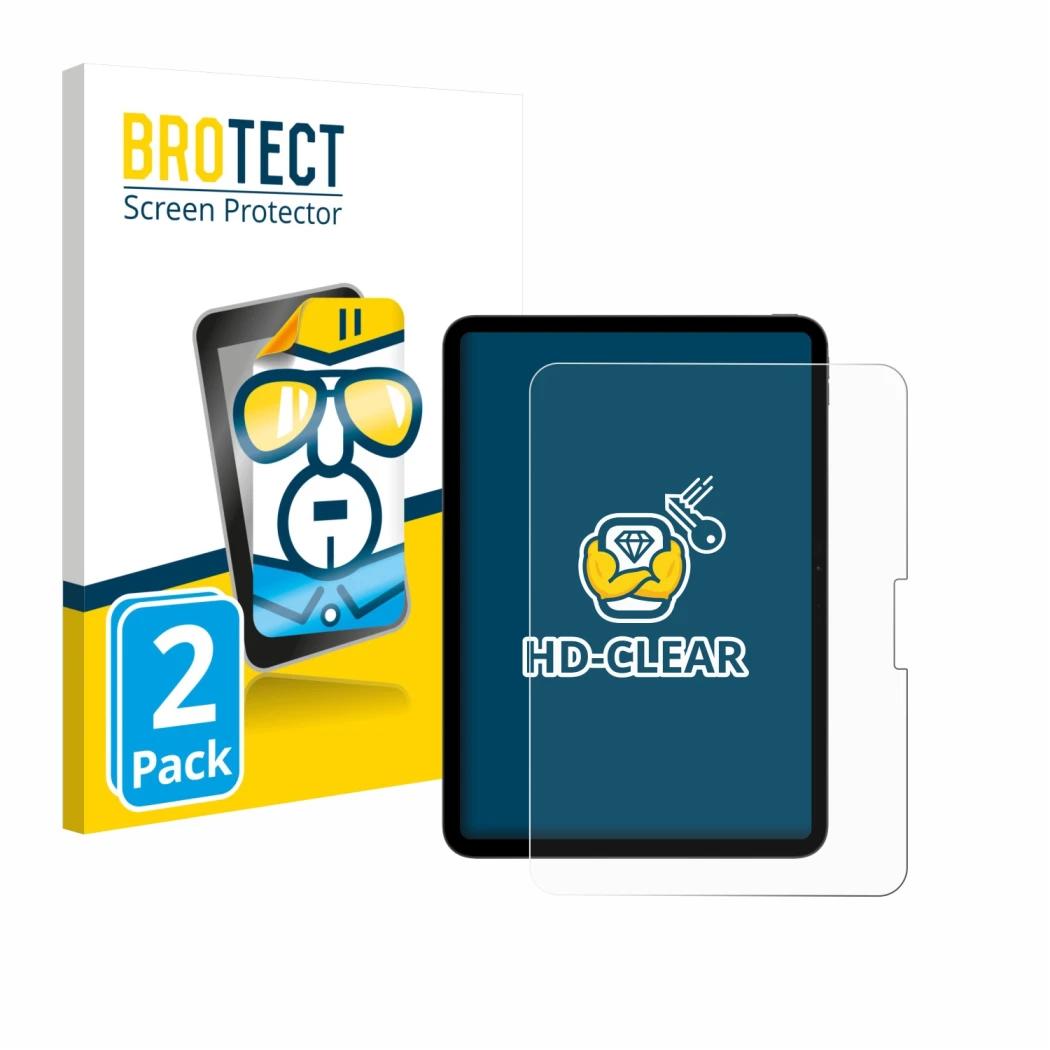 Parte frontal de un envase de producto con el logotipo de la marca BROTECT. Al lado se muestra el dispositivo Apple iPad Pro 1