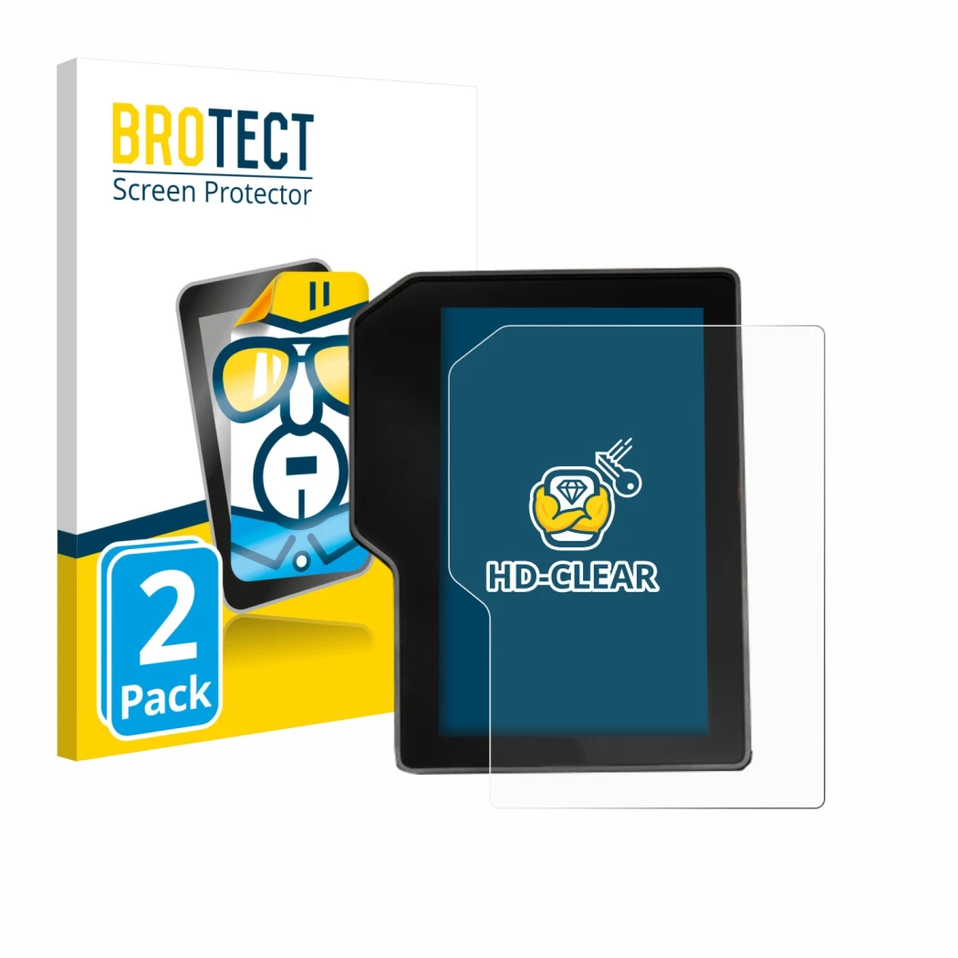 Parte frontal de un envase de producto con el logotipo de la marca BROTECT. Al lado se muestra el dispositivo Yamaha Tenere 70