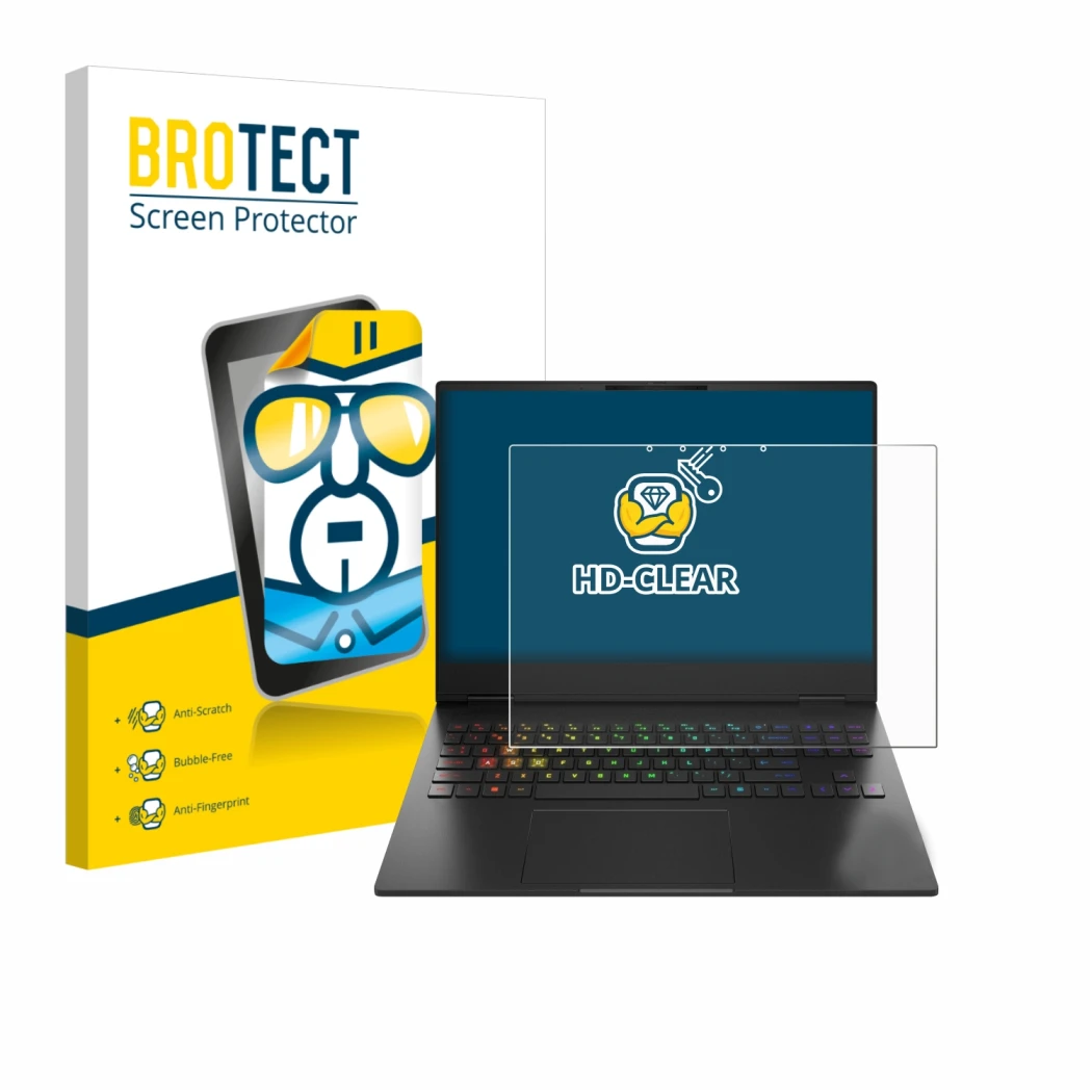 Parte frontal de un envase de producto con el logotipo de la marca BROTECT. Al lado se muestra el dispositivo HP Omen Transcen