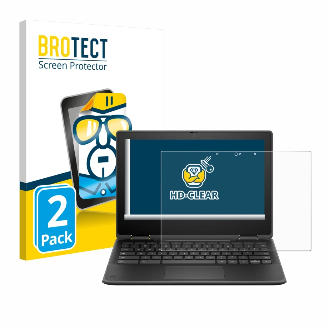 Parte frontal de un envase de producto con el logotipo de la marca BROTECT. Al lado se muestra el dispositivo HP Fortis Flip G