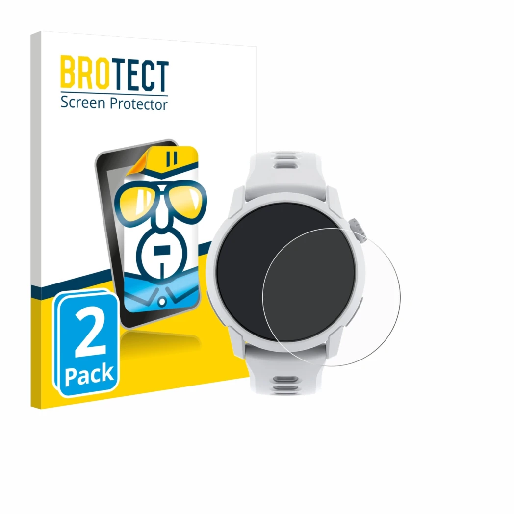 Parte frontal de un envase de producto con el logotipo de la marca BROTECT. Al lado se muestra el dispositivo Coros Pace 4 con