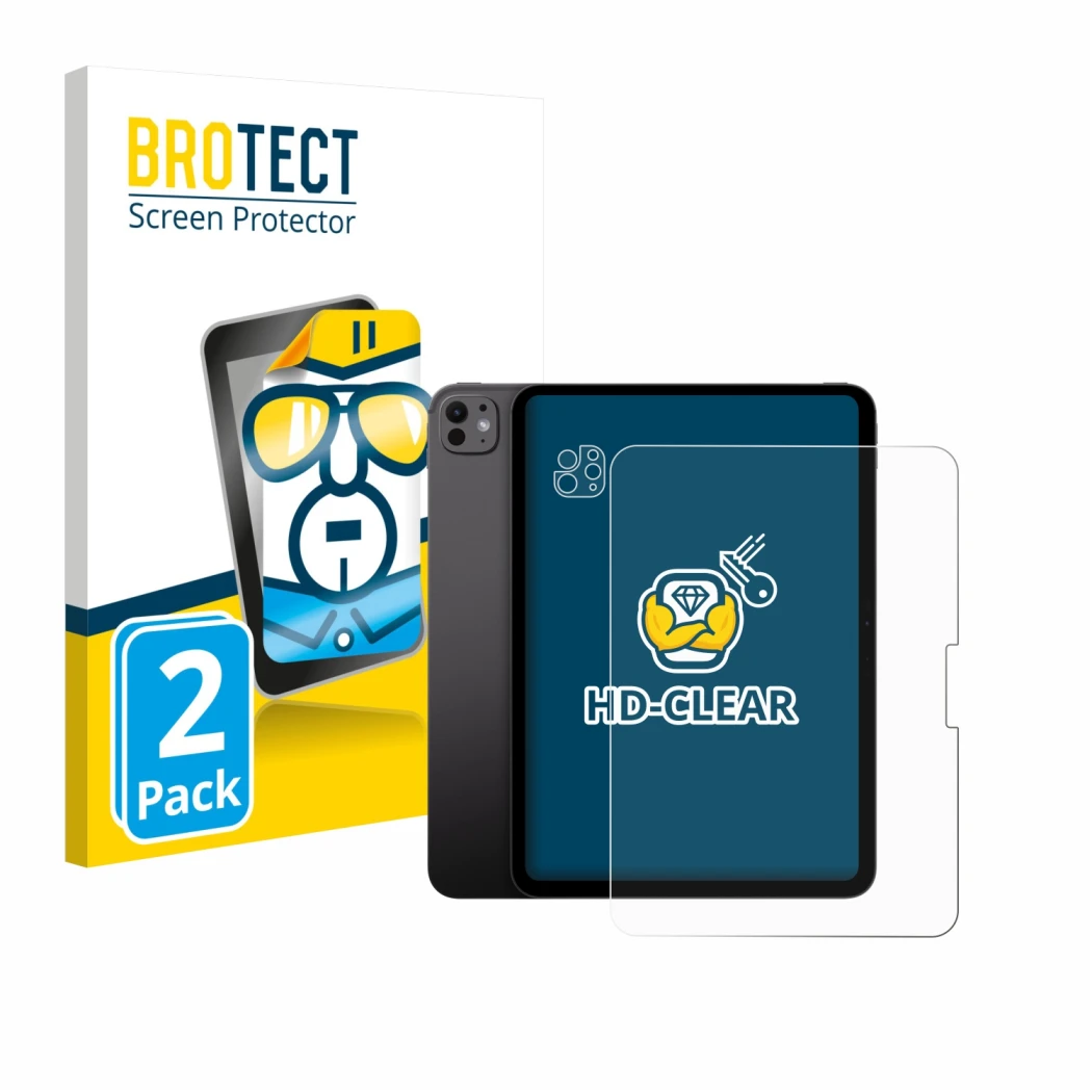 Parte frontal de un envase de producto con el logotipo de la marca BROTECT. Al lado se muestra el dispositivo Apple iPad Pro 1
