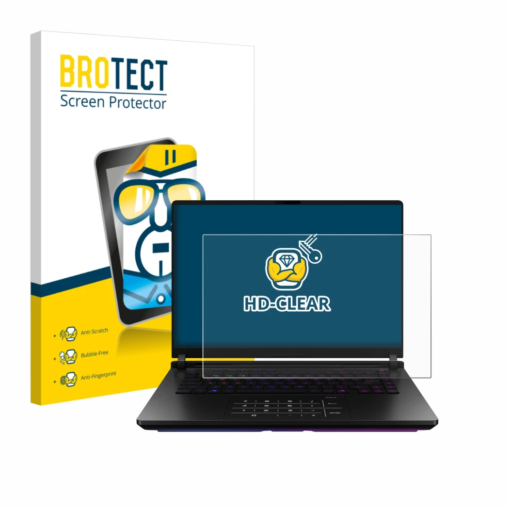 Parte frontal de un envase de producto con el logotipo de la marca BROTECT. Al lado se muestra el dispositivo ASUS ROG Strix S