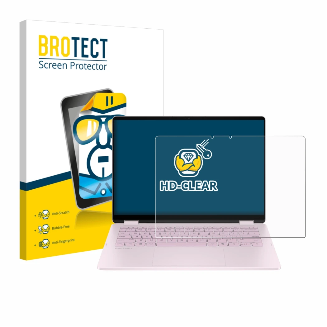 Parte frontal de un envase de producto con el logotipo de la marca BROTECT. Al lado se muestra el dispositivo HP OmniBook 5 Fl