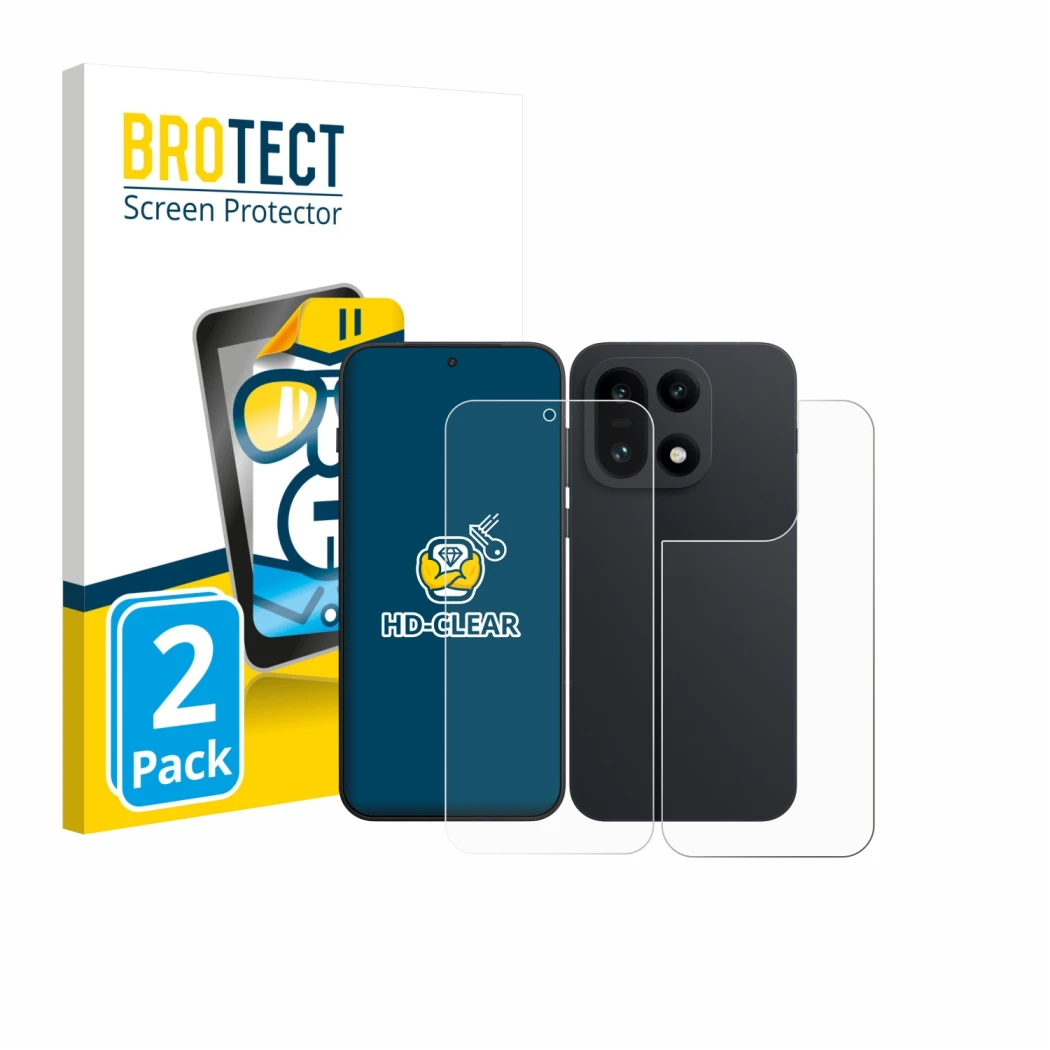 Parte frontal de un envase de producto con el logotipo de la marca BROTECT. Al lado se muestra el dispositivo OnePlus 15 (Fron