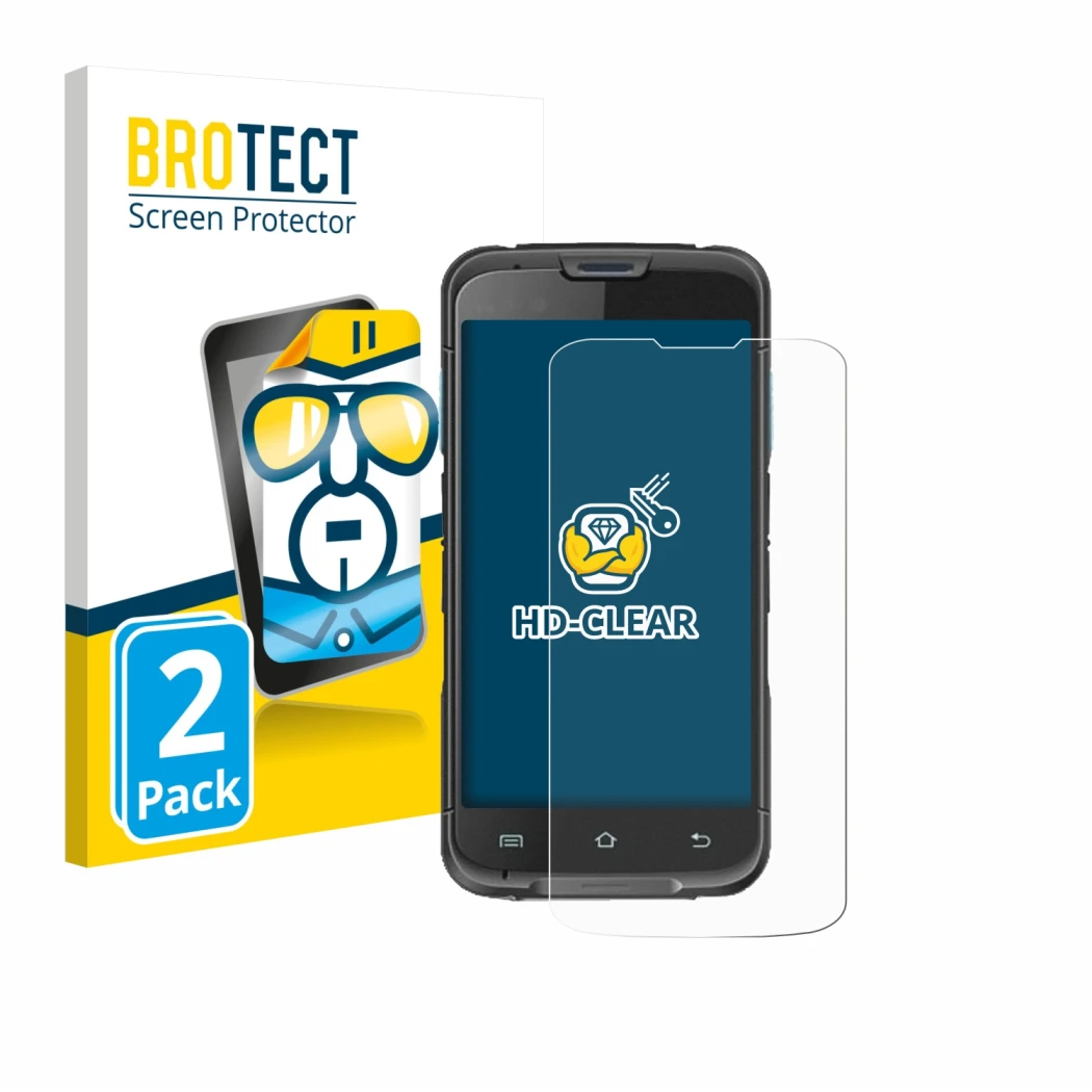 Parte frontal de un envase de producto con el logotipo de la marca BROTECT. Al lado se muestra el dispositivo Unitech EA602 co