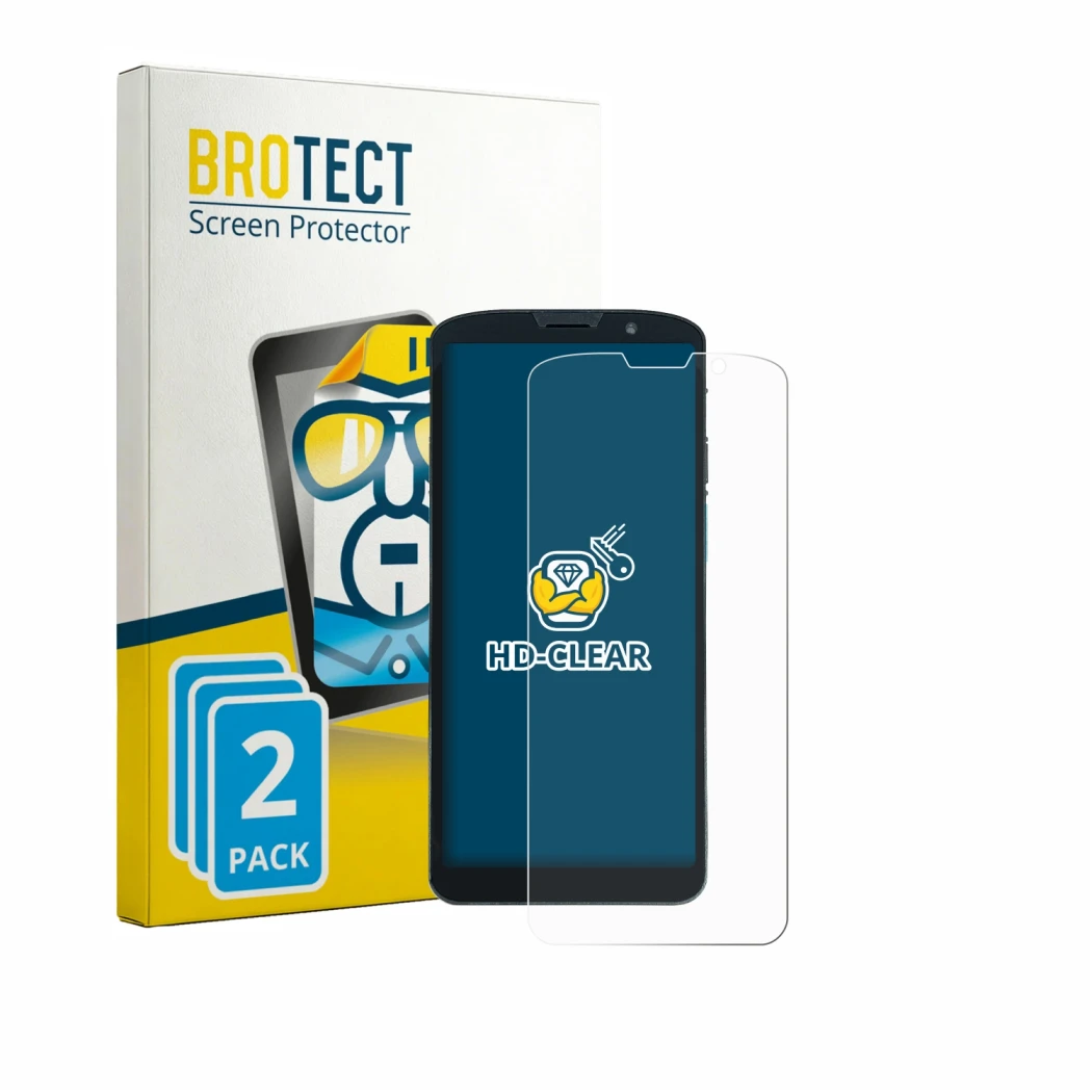 Parte frontal de un envase de producto con el logotipo de la marca BROTECT. Al lado se muestra el dispositivo Unitech EA630 co