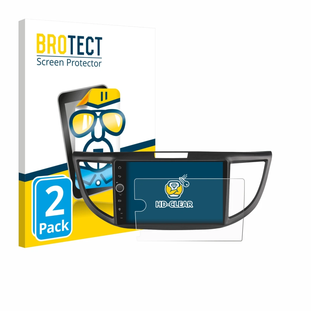 Parte frontal de un envase de producto con el logotipo de la marca BROTECT. Al lado se muestra el dispositivo Joying Car Radio