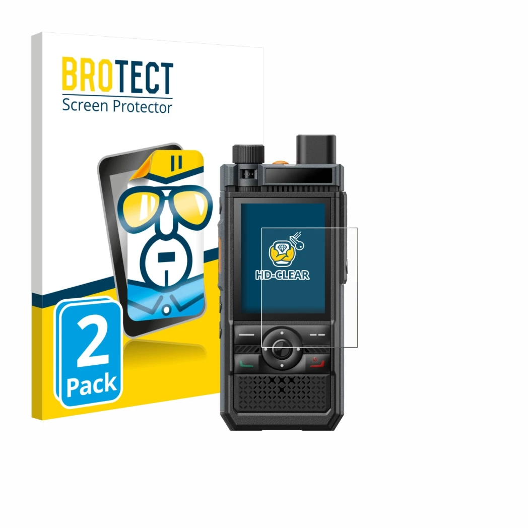 Parte frontal de un envase de producto con el logotipo de la marca BROTECT. Al lado se muestra el dispositivo Hytera P50 con s