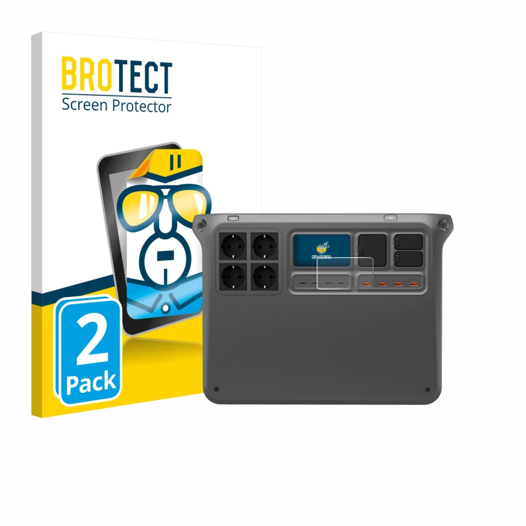 Parte frontal de un envase de producto con el logotipo de la marca BROTECT. Al lado se muestra el dispositivo DJI Power 2000 c