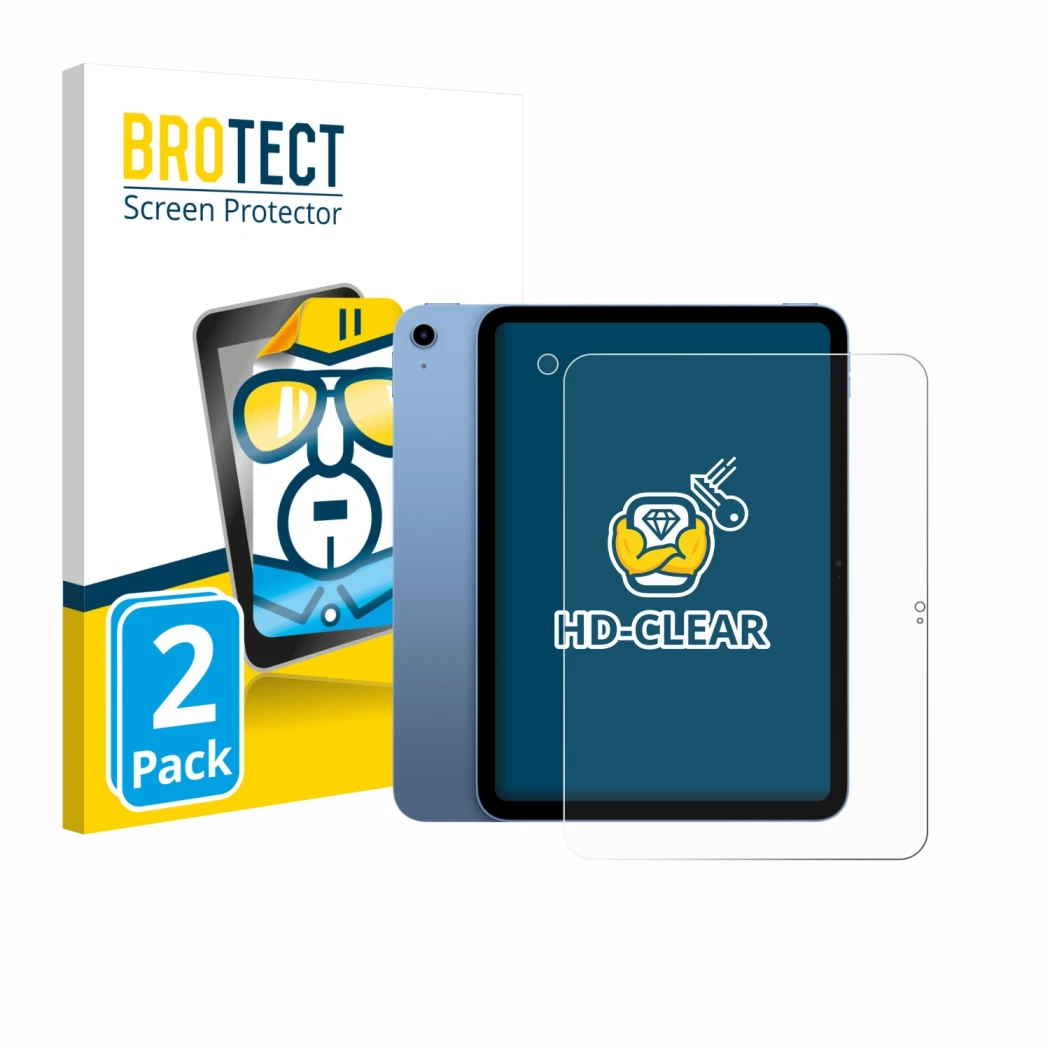 Parte frontal de un envase de producto con el logotipo de la marca BROTECT. Al lado se muestra el dispositivo Apple iPad 10.9