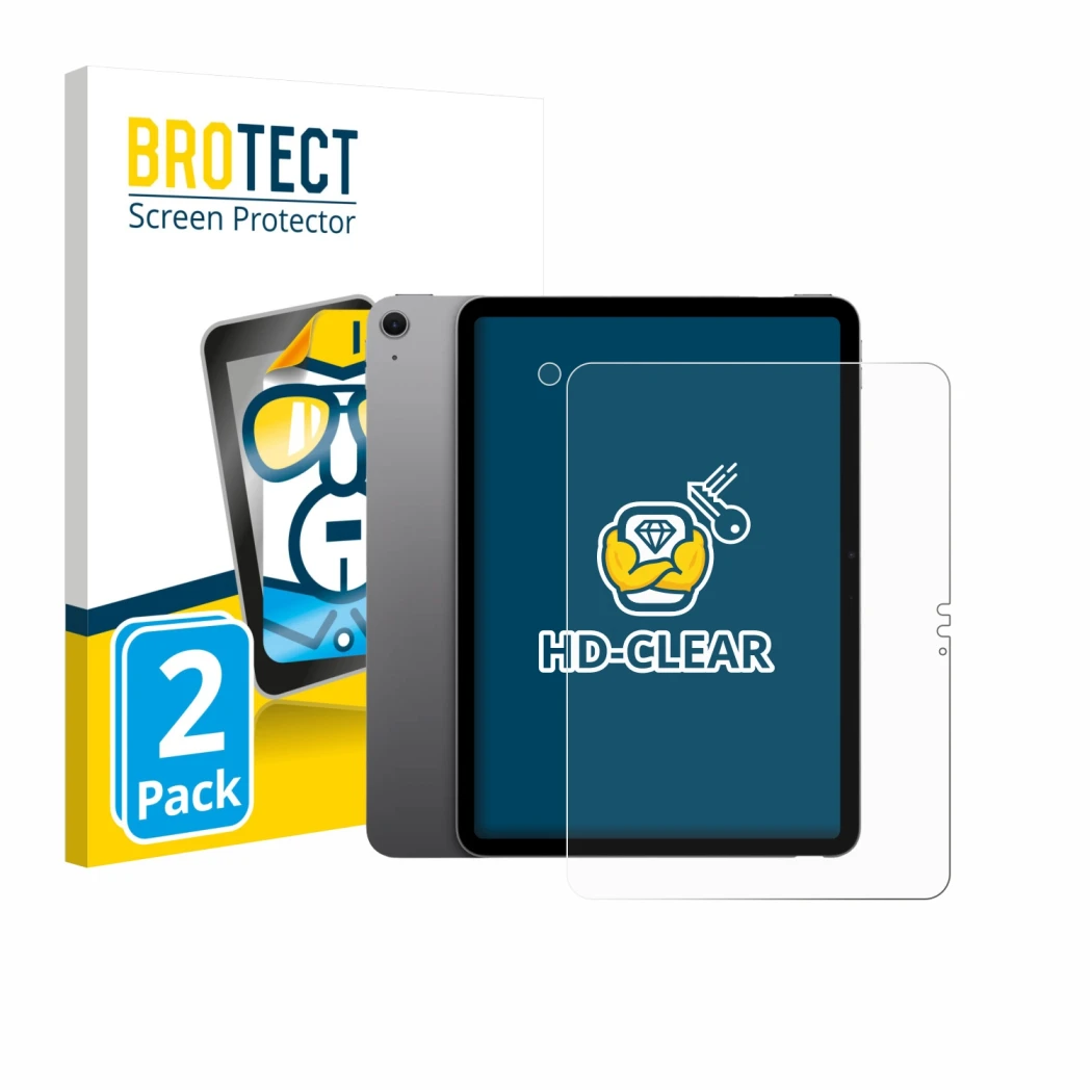 Parte frontal de un envase de producto con el logotipo de la marca BROTECT. Al lado se muestra el dispositivo Apple iPad Air 1