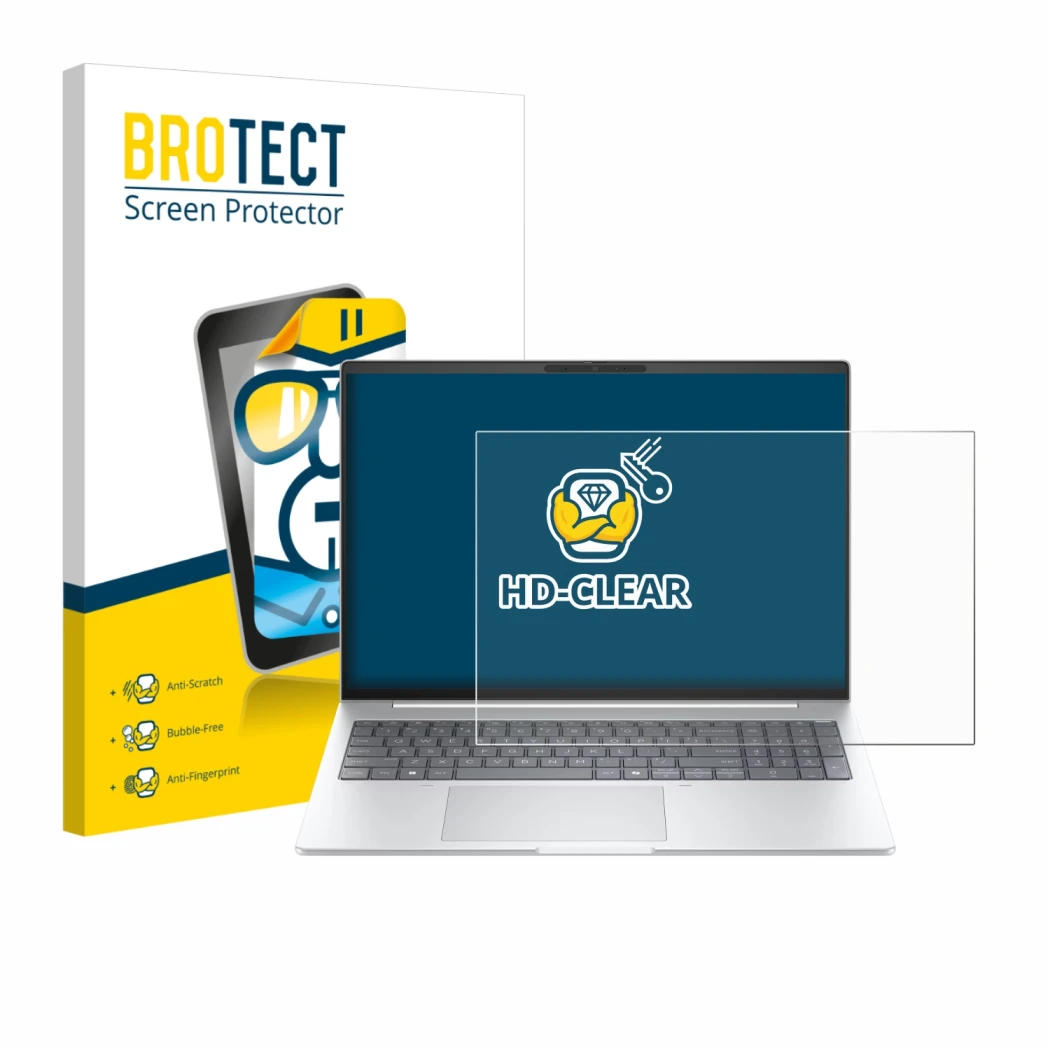 Parte frontal de un envase de producto con el logotipo de la marca BROTECT. Al lado se muestra el dispositivo HP EliteBook 8 G