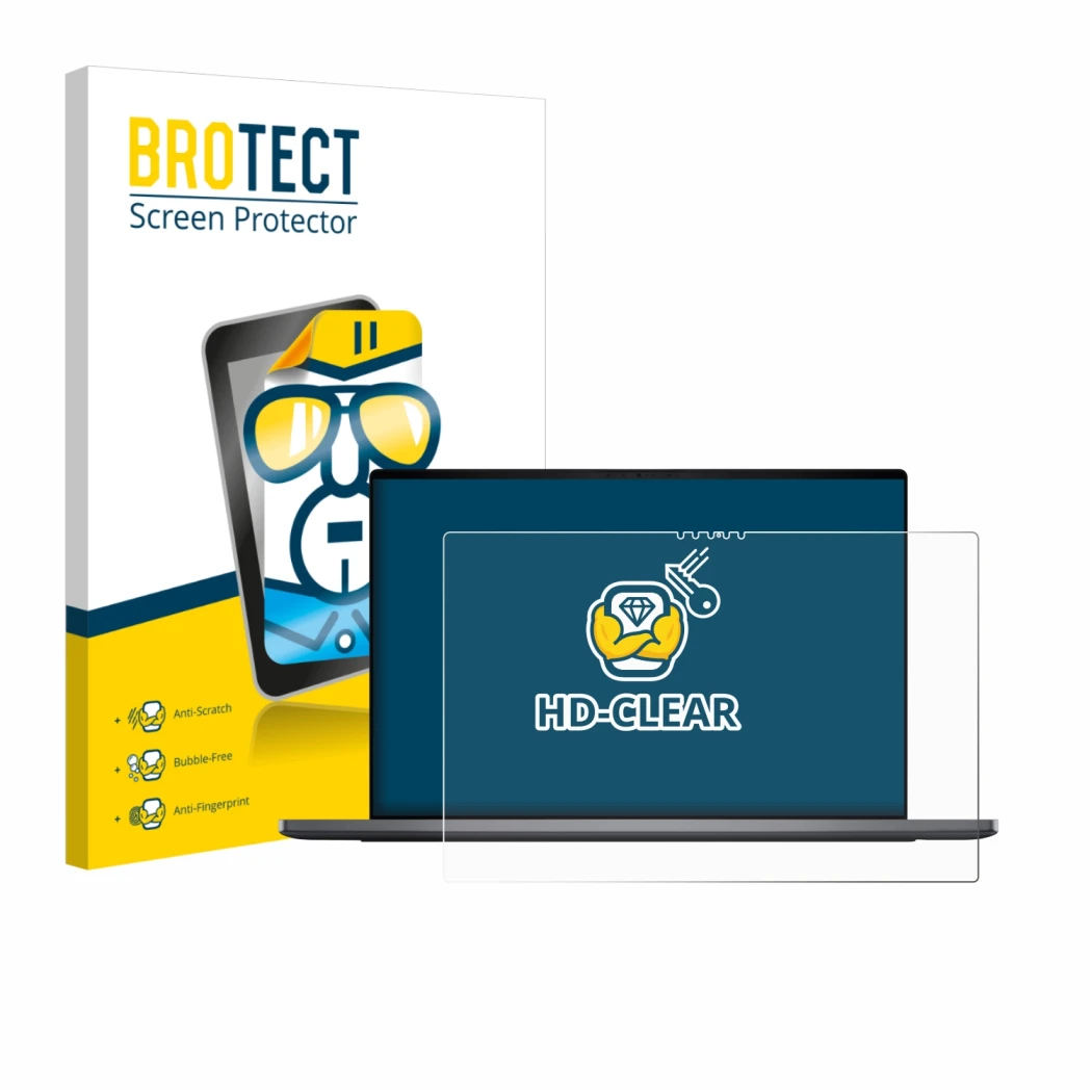 Parte frontal de un envase de producto con el logotipo de la marca BROTECT. Al lado se muestra el dispositivo Dell XPS 16 DA16